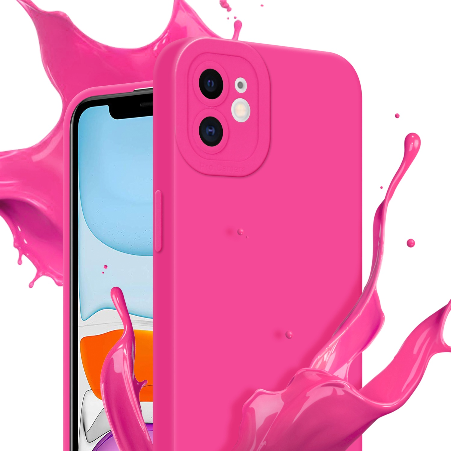 Custodia per telefono rosa con schizzi di vernice rosa. La custodia copre l'obiettivo della fotocamera.