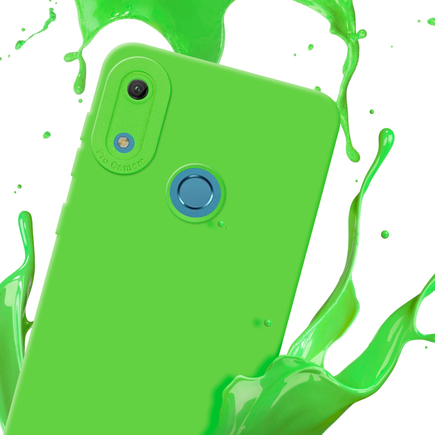 Una custodia verde per telefono con schizzi di vernice verde e una fotocamera blu.