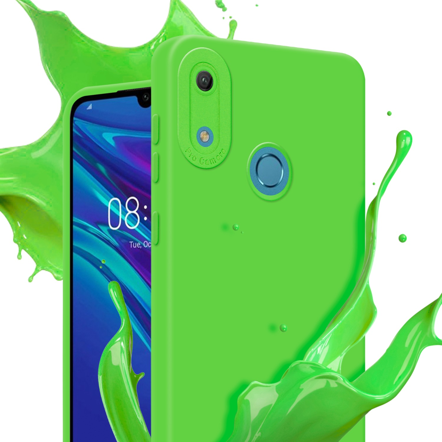 Una custodia verde per telefono con schizzi verdi su sfondo bianco con schermo del telefono.