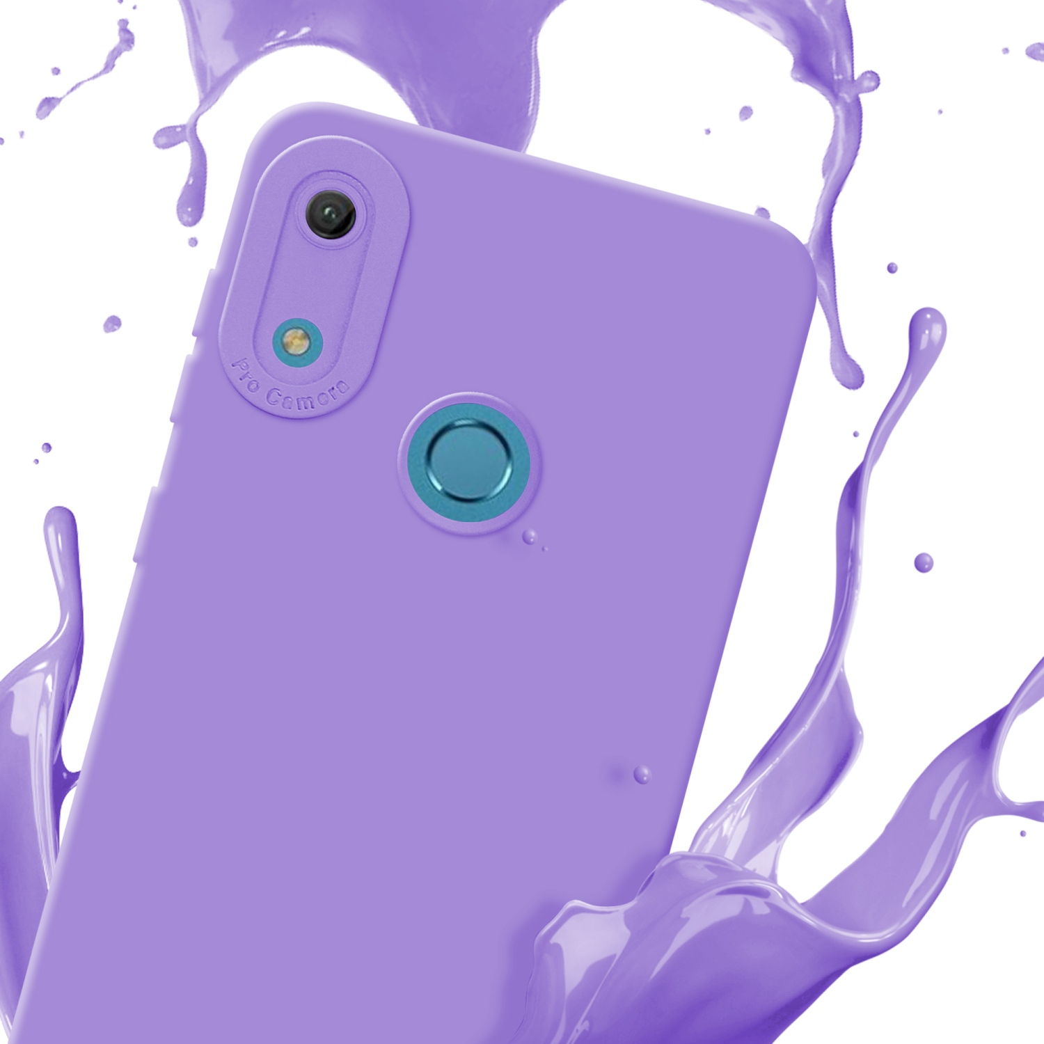 Custodia per telefono viola con ritagli per fotocamera e spruzzi di vernice viola su sfondo bianco.