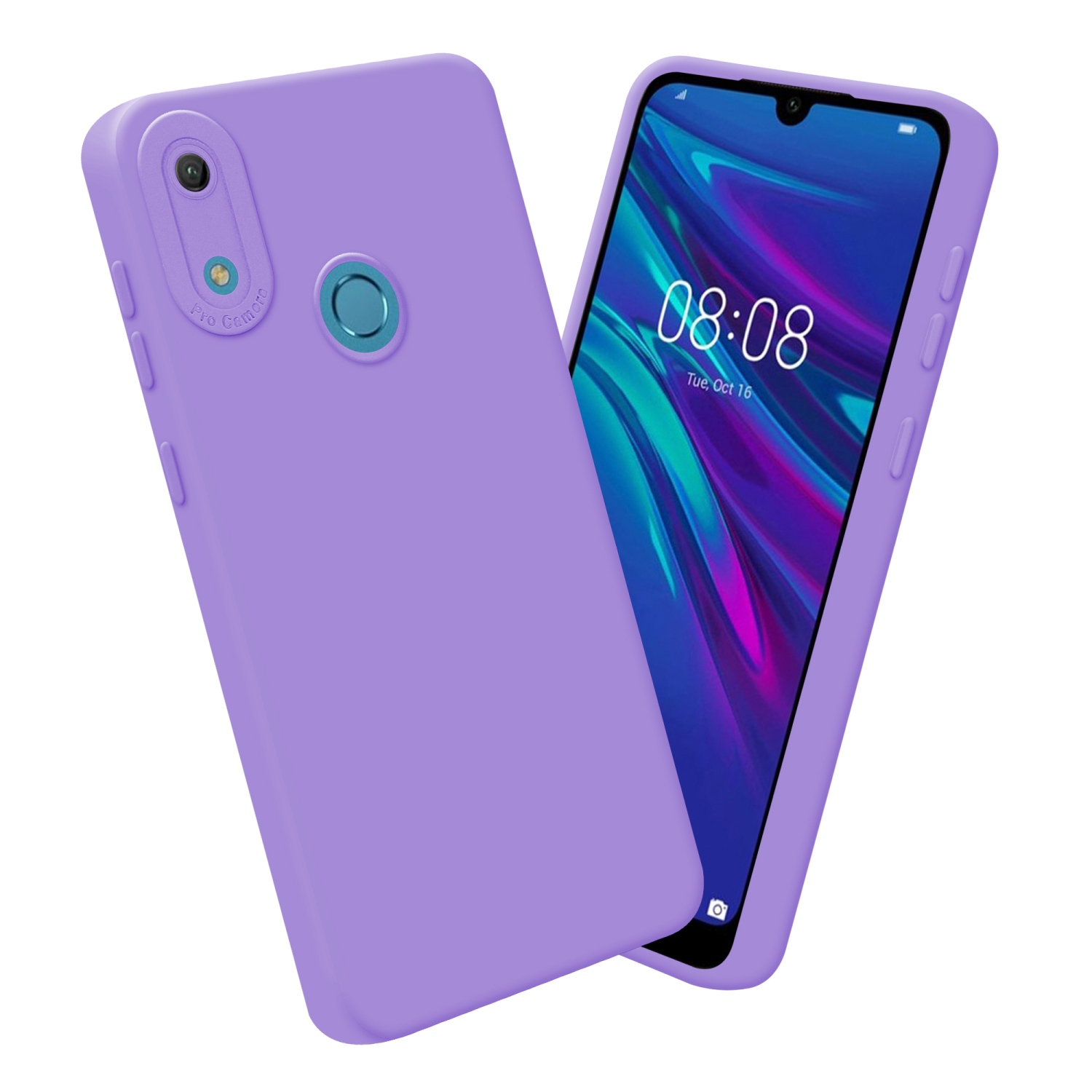 Custodia viola accanto a un telefono con lo schermo acceso. Lo schermo è visibile.