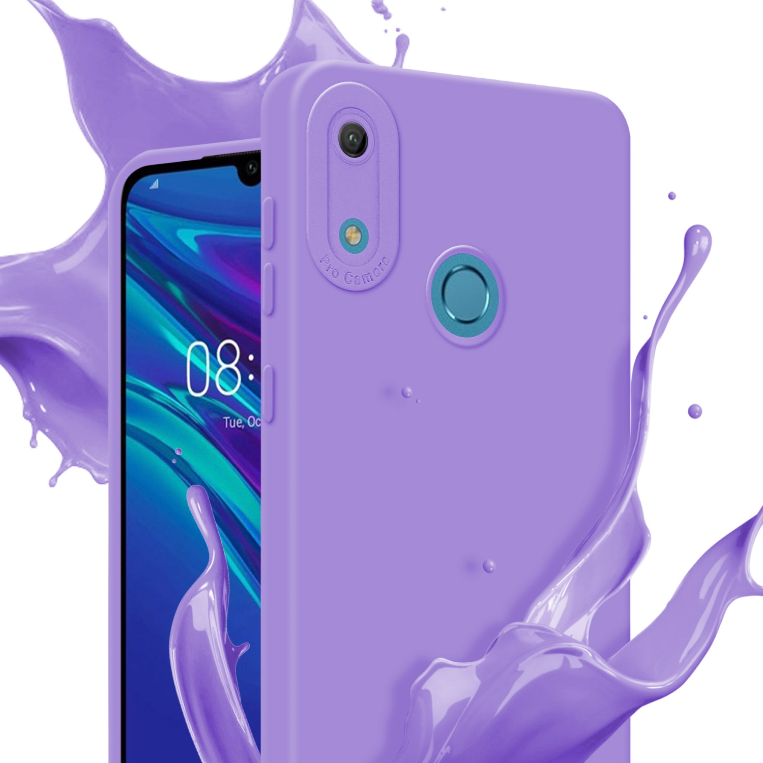 Un telefono viola con una custodia, spruzzi di liquido viola intorno. È visibile lo schermo del telefono.