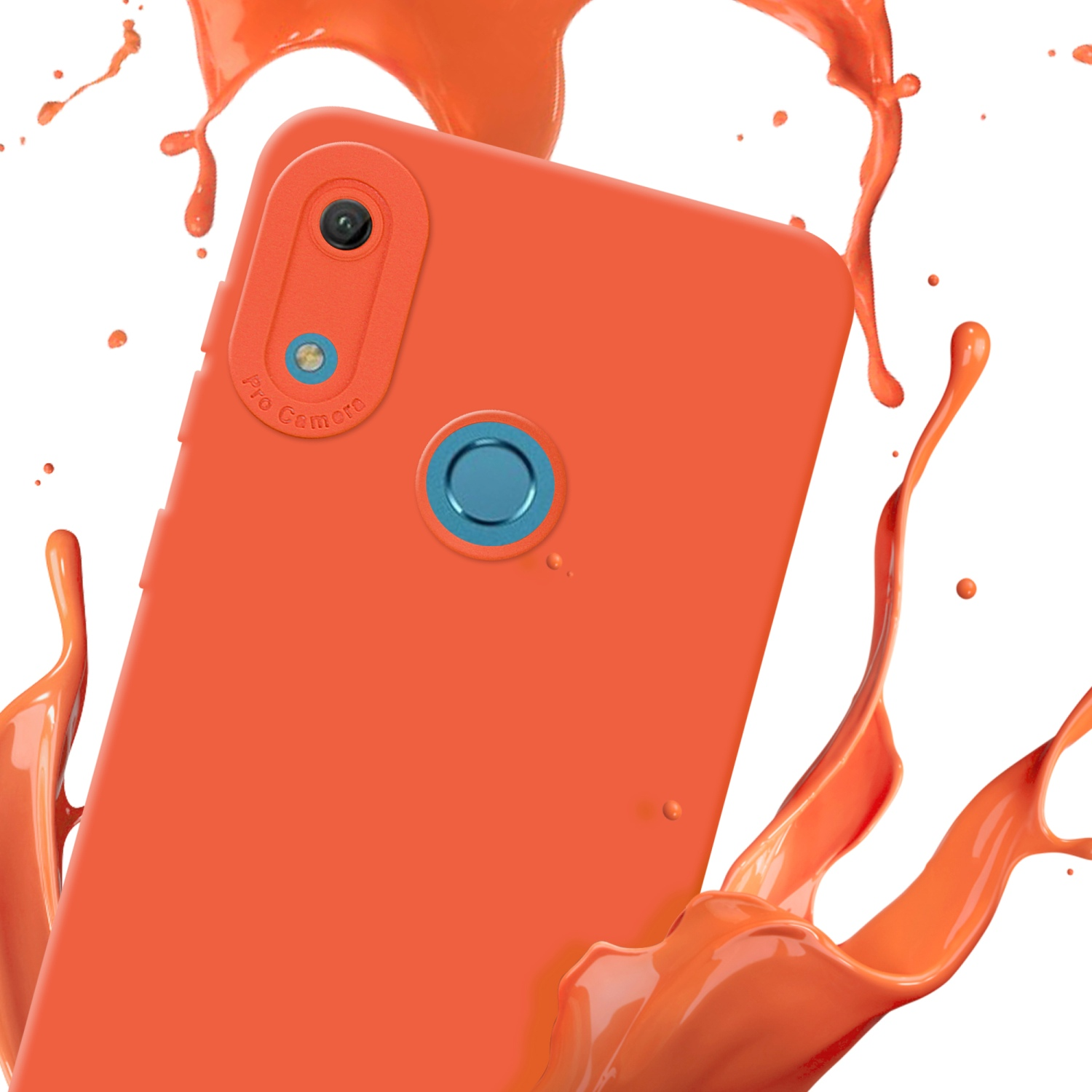 Coque de téléphone orange avec des éclaboussures de peinture orange. Le téléphone a une caméra bleue.
