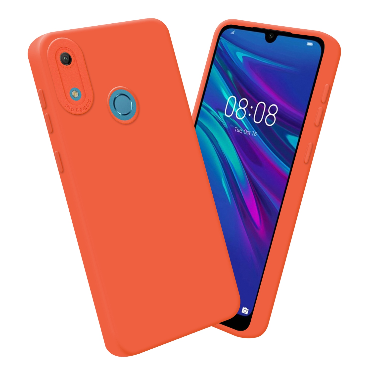 Deux téléphones, un orange, un affichant un écran.