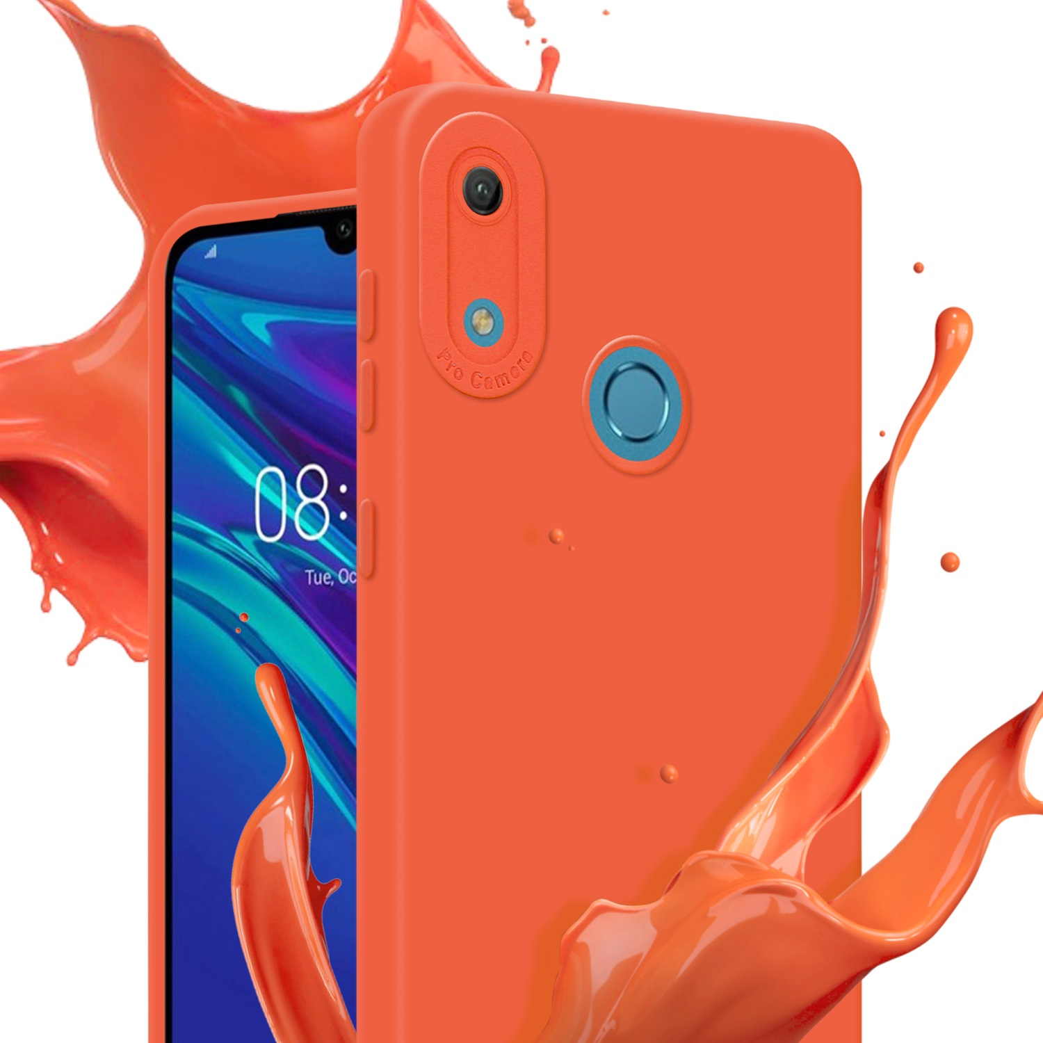 Une coque de téléphone orange avec un module caméra, éclaboussée de liquide orange sur fond blanc.