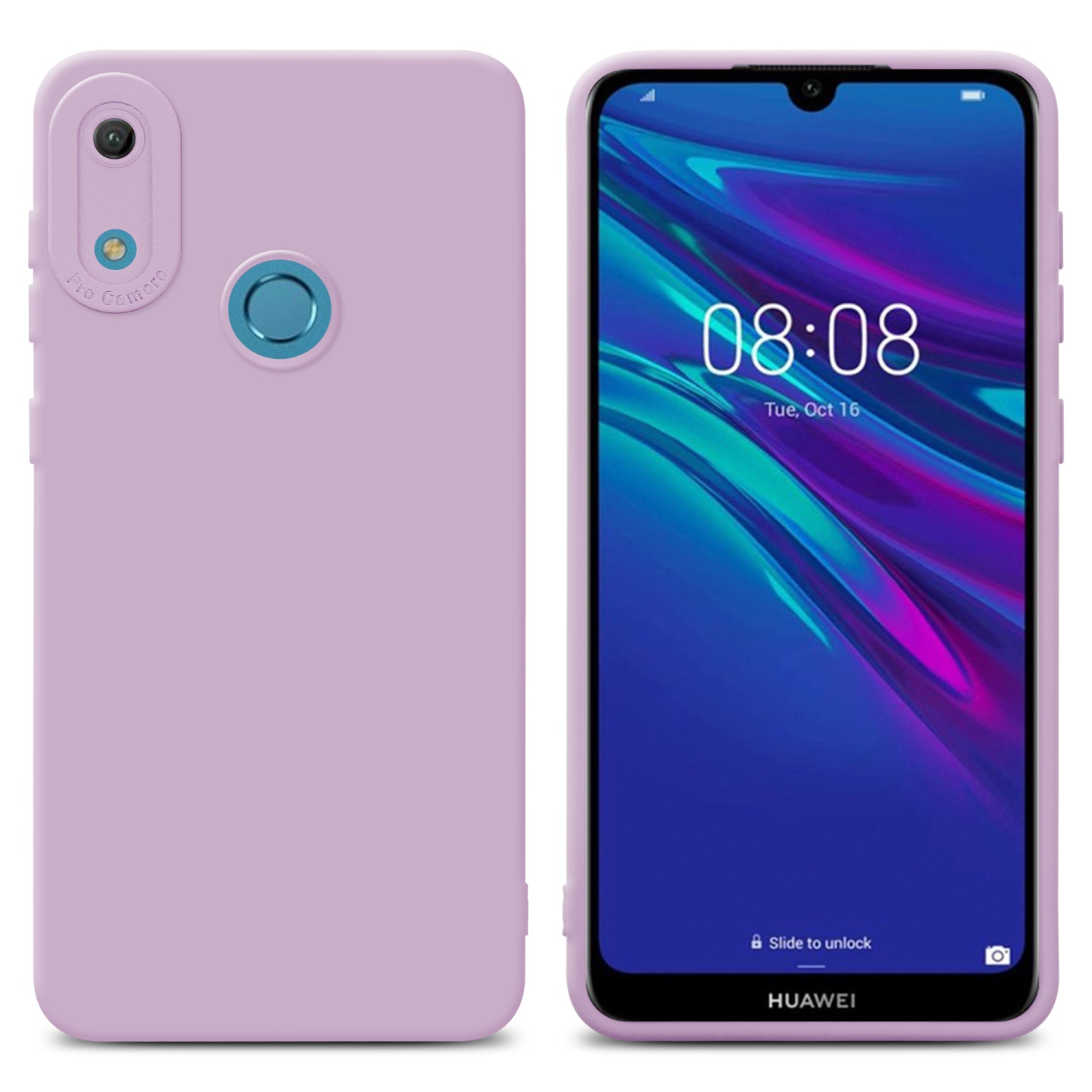Custodia e telefono rosa. Lo schermo mostra ora e giorno. Sfondo bianco.