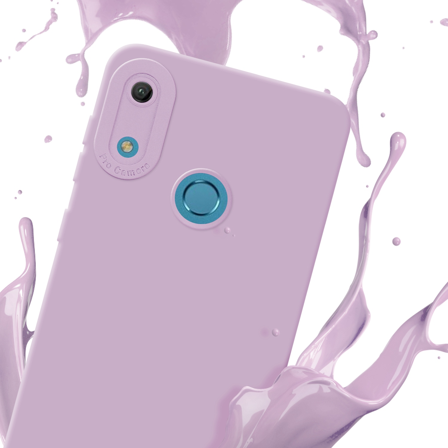 Custodia lilla con fotocamera, spruzzo di vernice viola intorno.