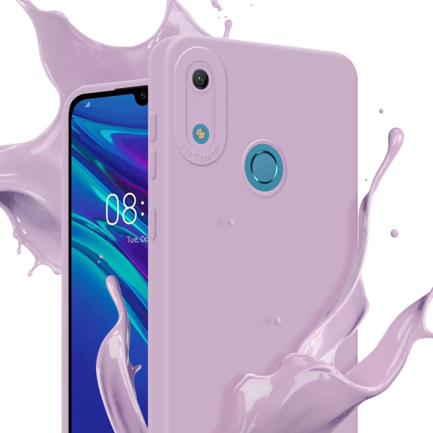 Custodia lilla con telefono dentro, con schizzi di liquido viola.