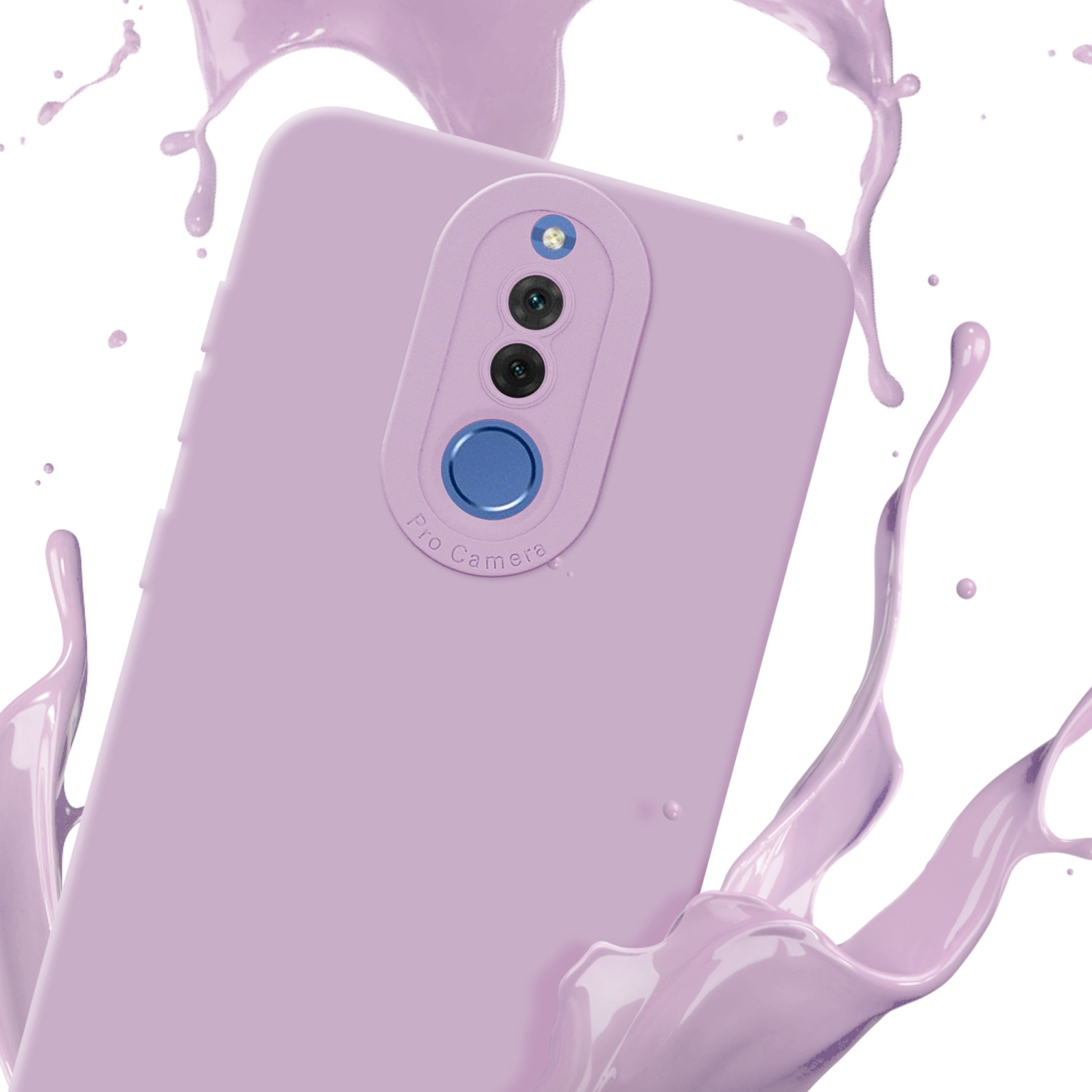 Una custodia viola con display del telefono e spruzzo di vernice viola.
