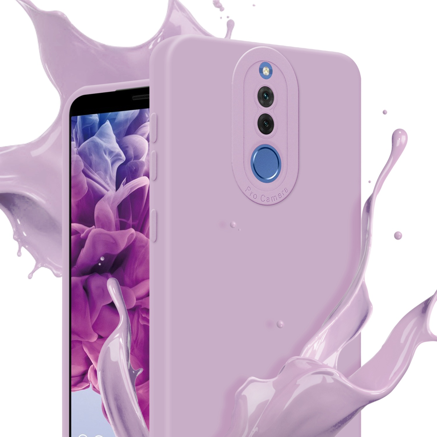Custodia viola con telefono dentro. Schizzo di liquido viola.