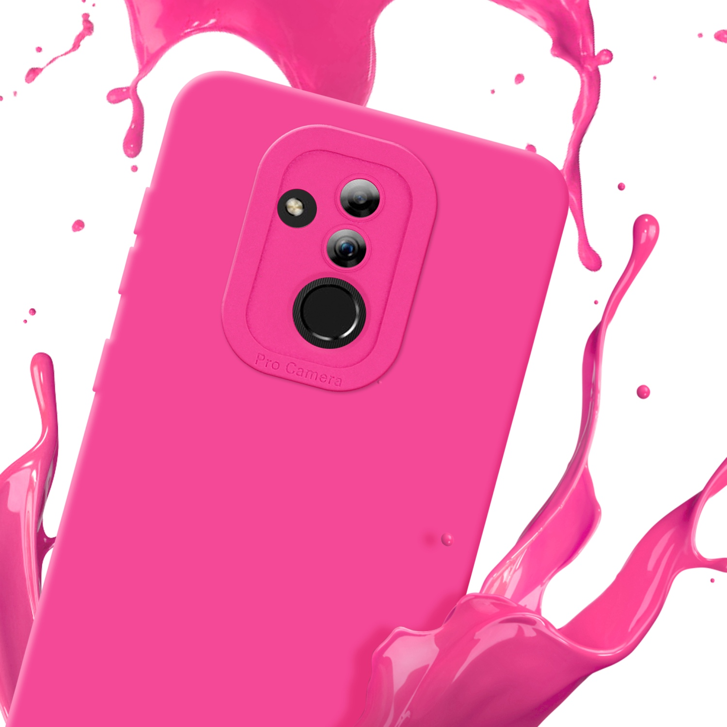 Custodia per telefono rosa con spruzzo rosa. Sfondo bianco. Il telefono ha la fotocamera pro.