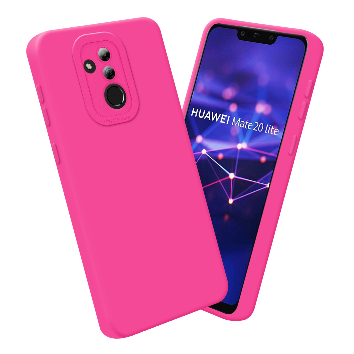 Custodia e telefono rosa. Il testo sullo schermo dice HUAWEI Mate 20 lite.