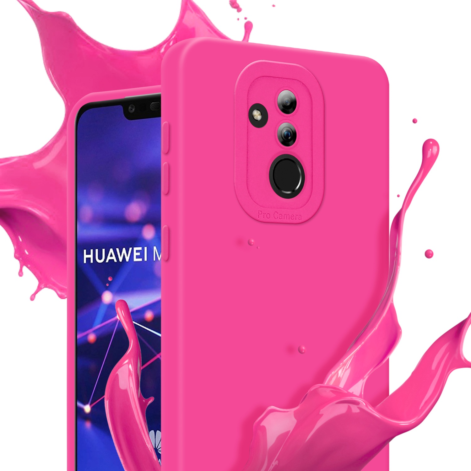 Custodia rosa con telefono all'interno ed effetto schizzo di vernice rosa.