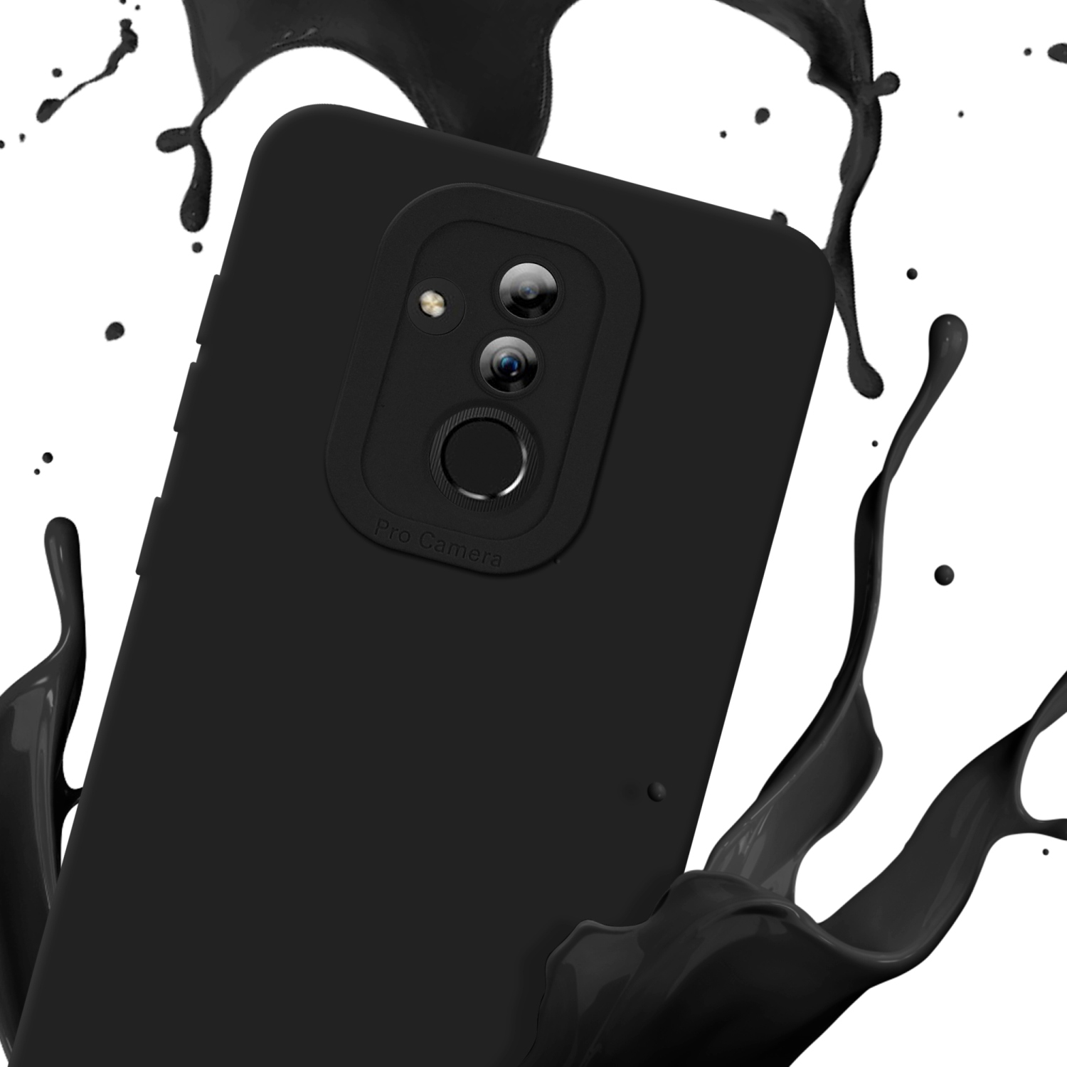 Una custodia per telefono nera con funzione fotocamera pro e schizzi di liquido nero.