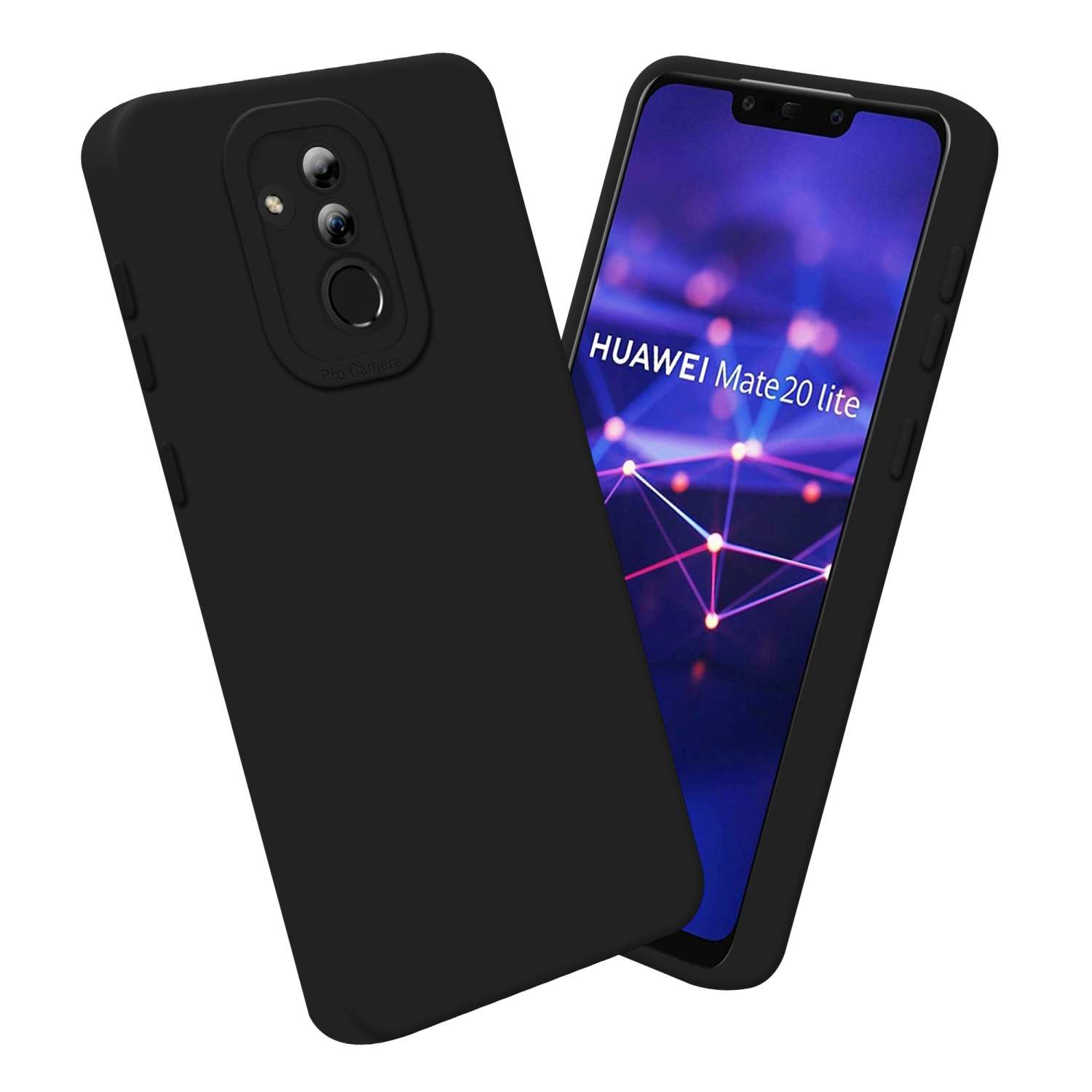 Due telefoni, uno con una custodia nera e l'altro lo schermo del telefono con la scritta "HUAWEI Mate 20 lite".