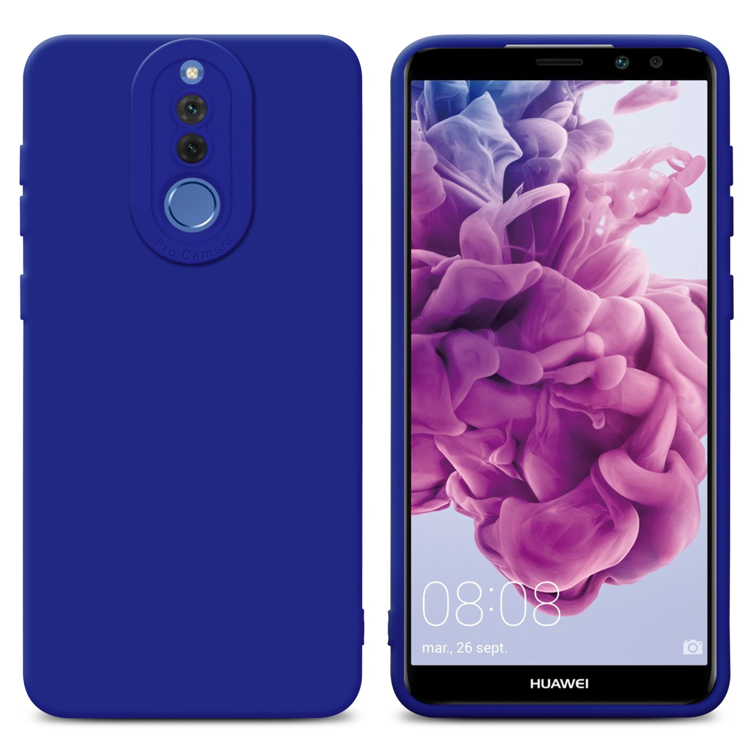 Due custodie blu per telefono, una a sinistra e un telefono a destra, entrambi su sfondo bianco.