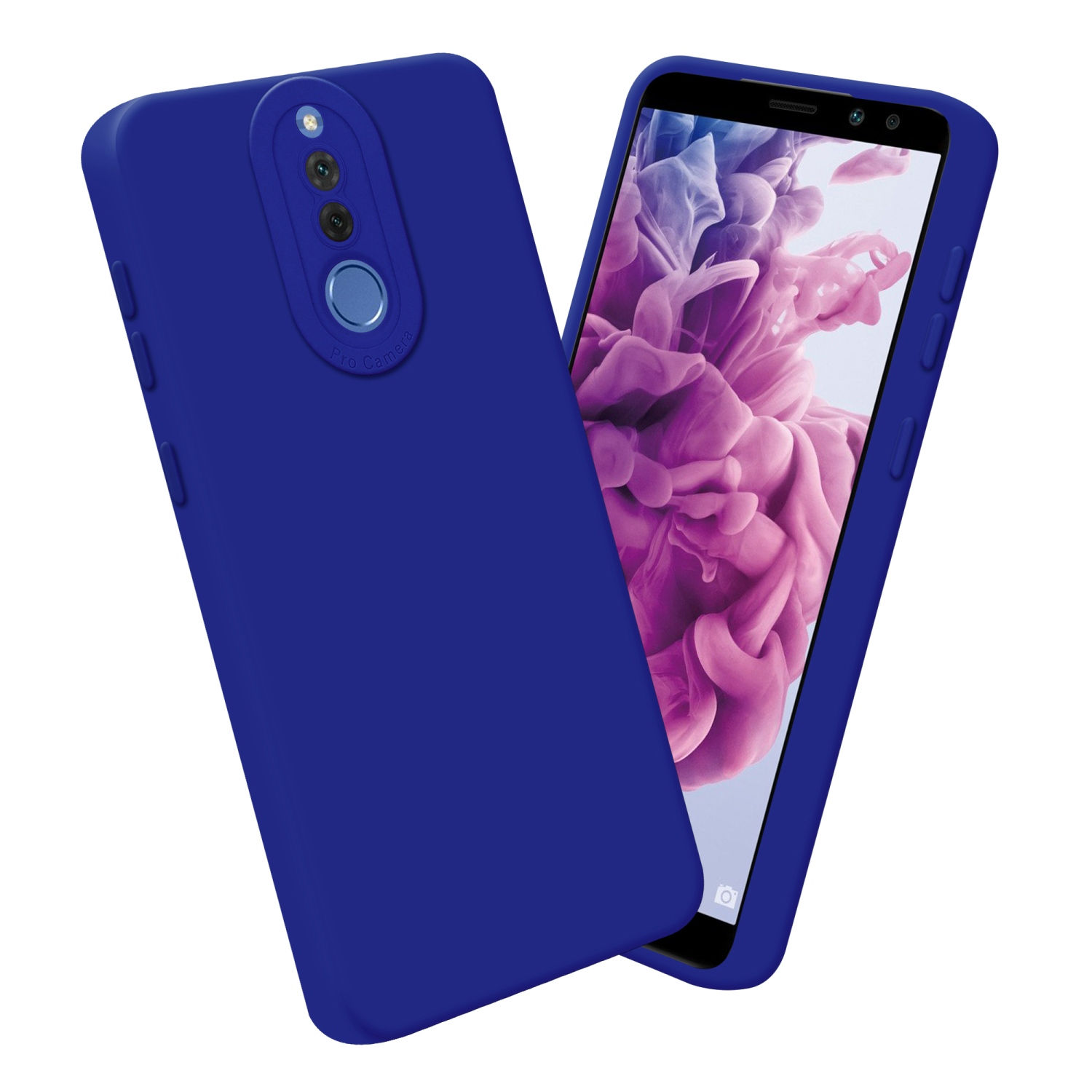 Una custodia per telefono blu con ritagli per fotocamera. Lo sfondo è bianco.