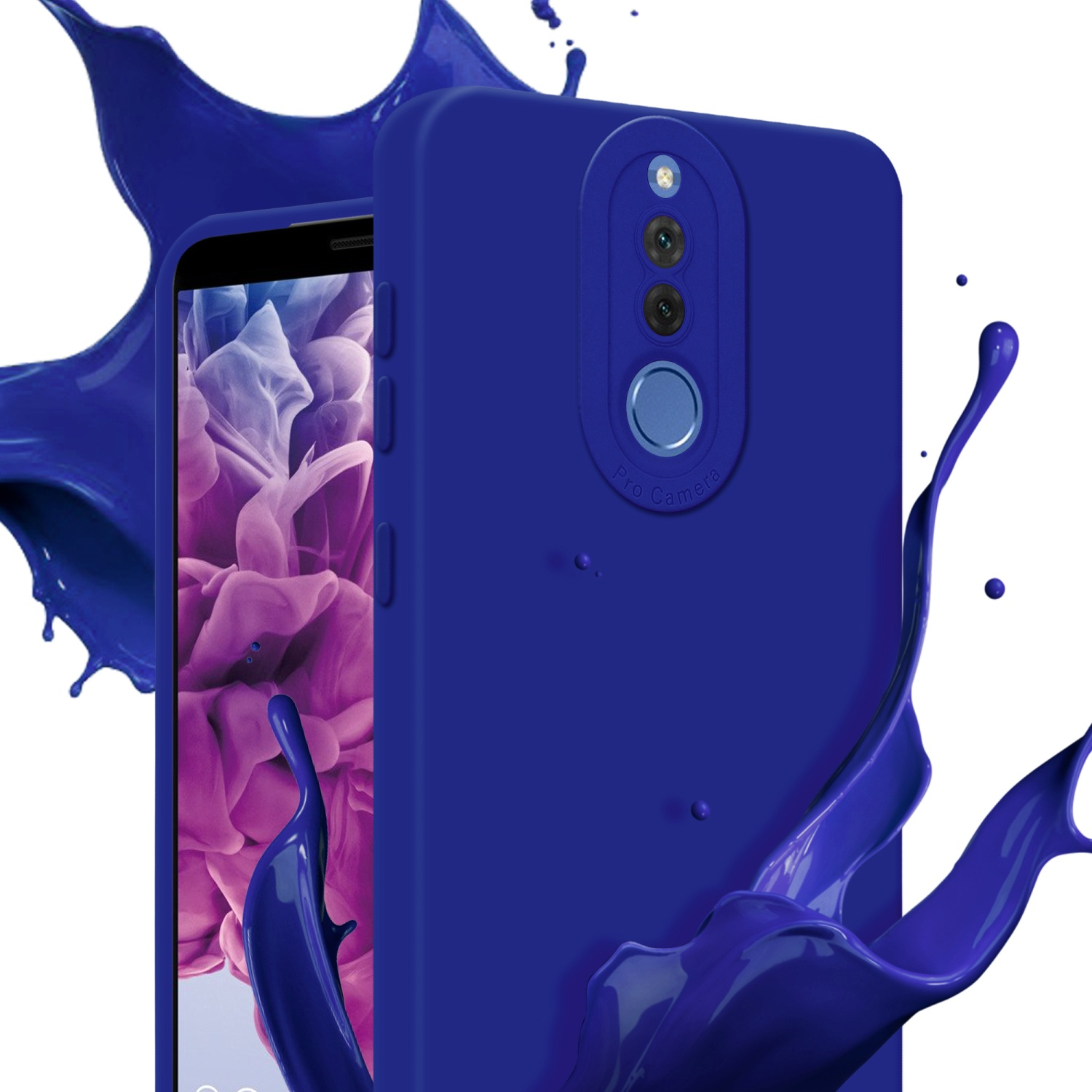 Un telefono con custodia blu, con schizzi di vernice blu.