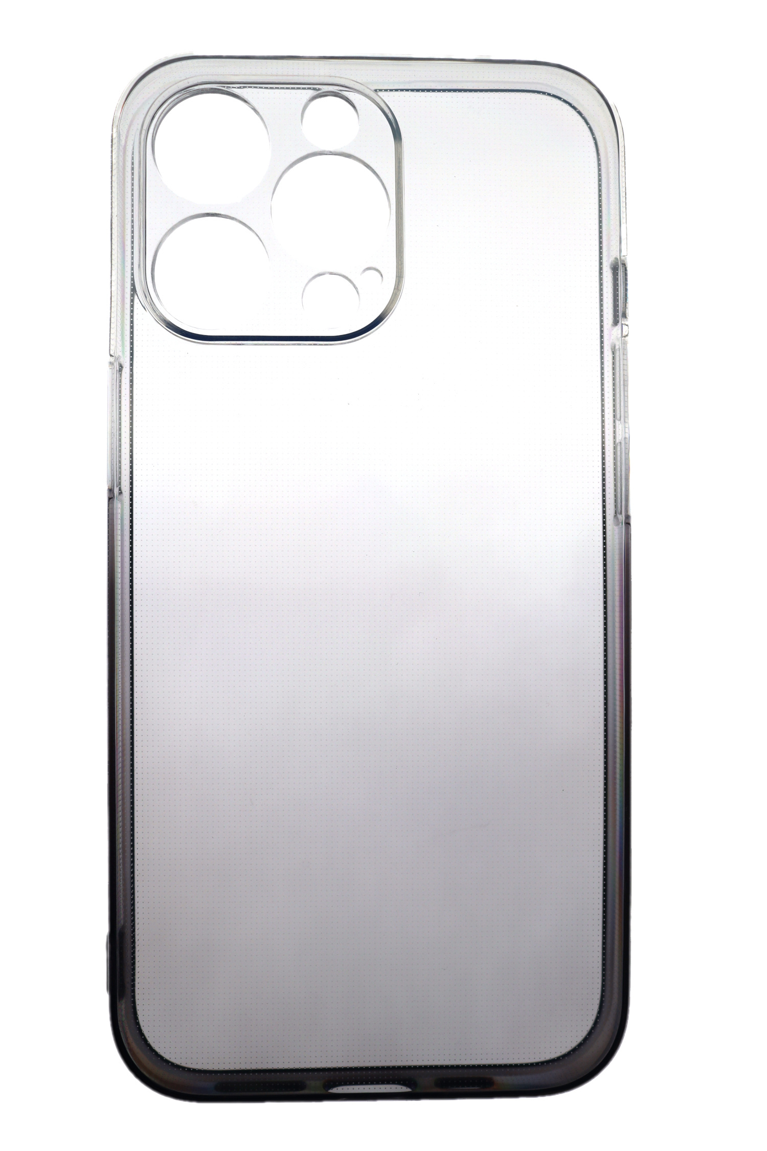 Eine transparente Handyhülle mit transparentem Design. Die Hülle befindet sich auf weißem Hintergrund.