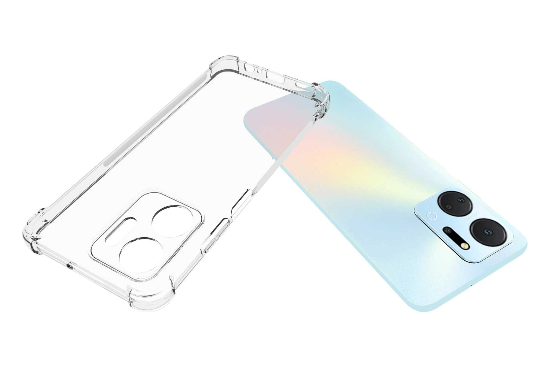 Transparente Handyhülle neben einem blauen Telefon. Das Telefon ist hellblau und hat eine Kamera.