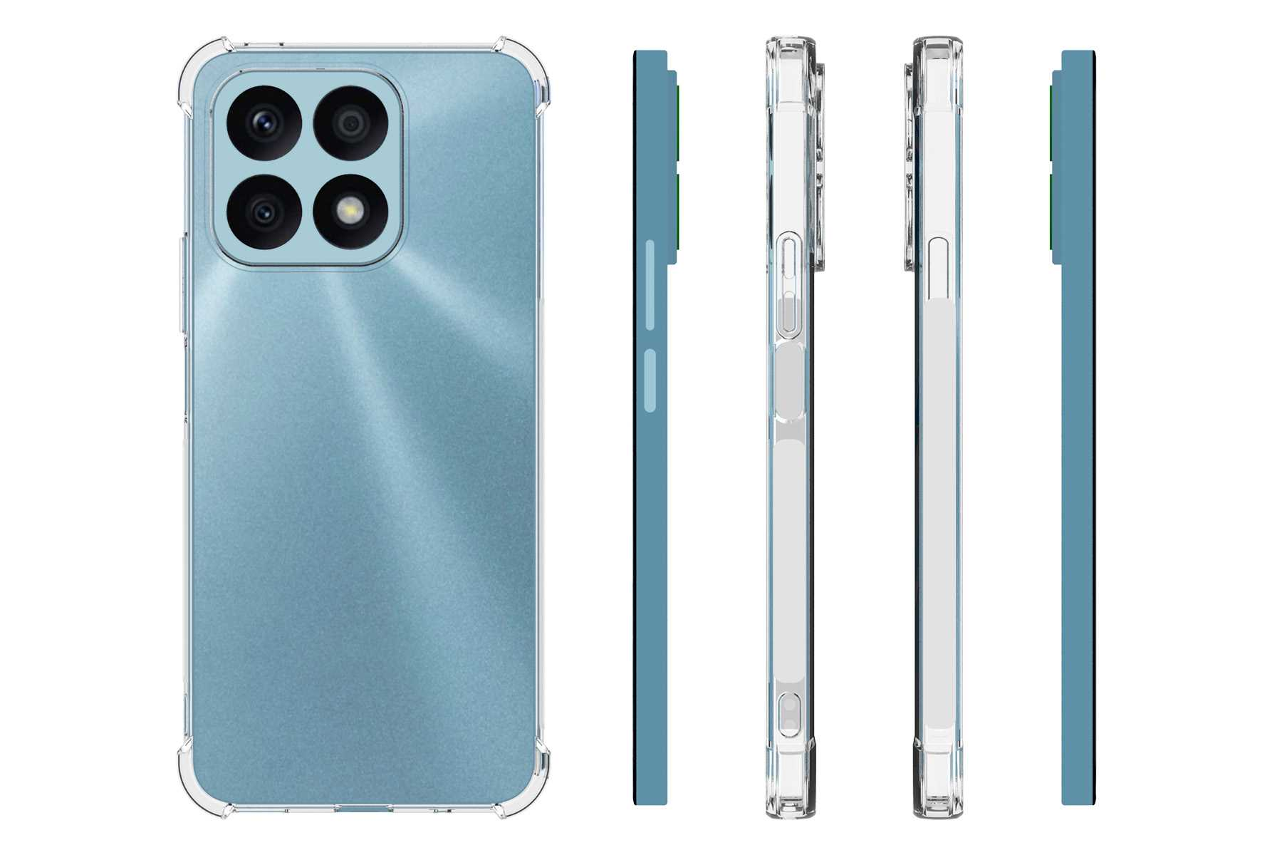 Telefon mit Hülle, transparente Seiten, blauer Rücken. Seitenansichten zeigen Knöpfe und durchsichtigen Kunststoff.