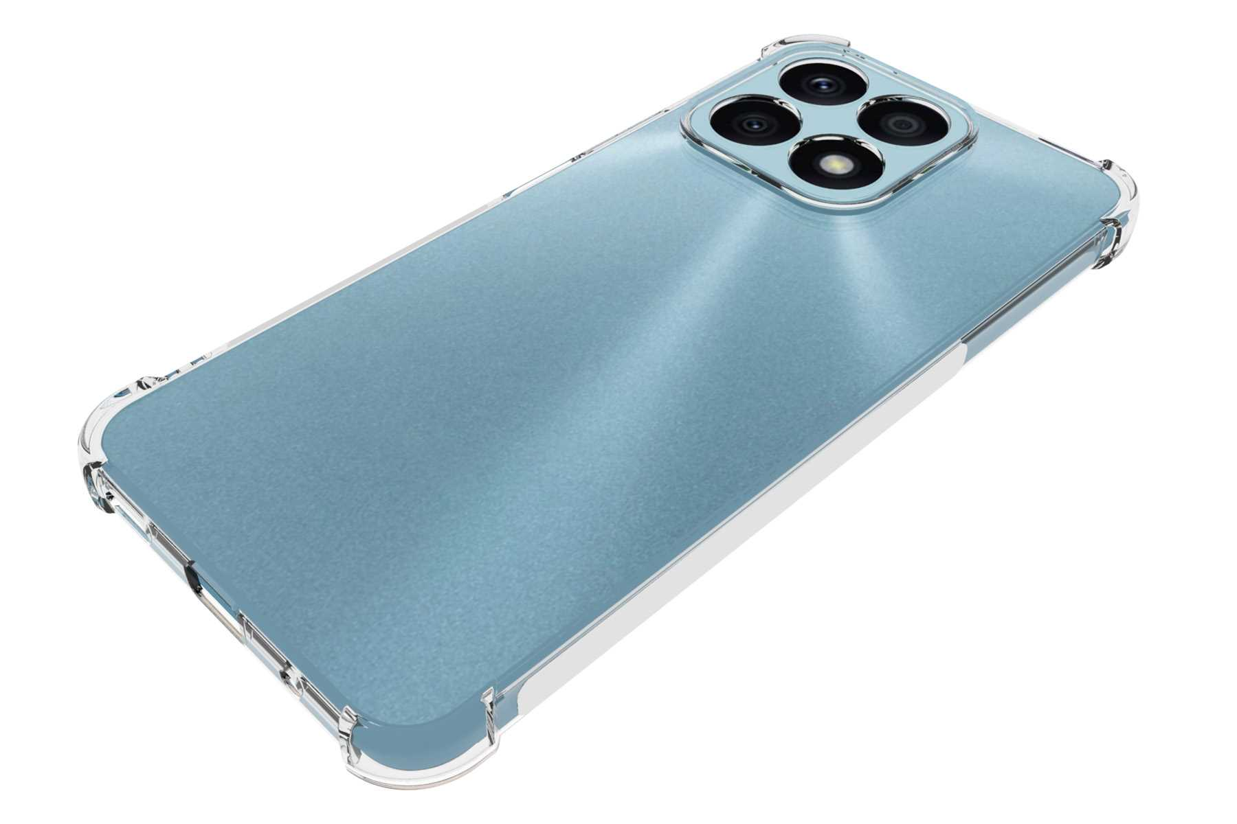 Blaues Telefon in einer transparenten Hülle. Das Telefon hat vier Rückkameras. Die Hülle ist auf weißem Hintergrund.