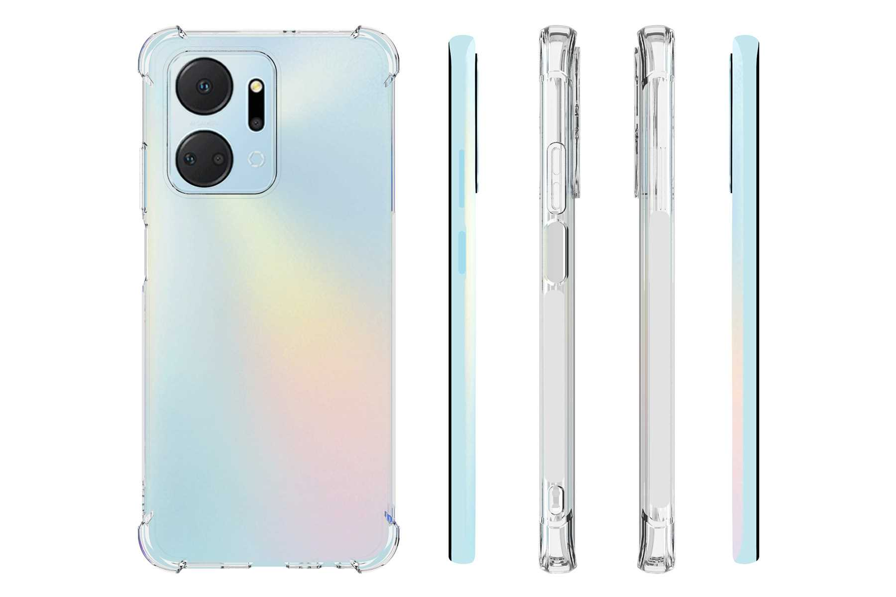 Ein Telefon in einer durchsichtigen Hülle. Ansichten von hinten, der Seite und vorne. Die Hülle ist transparent.
