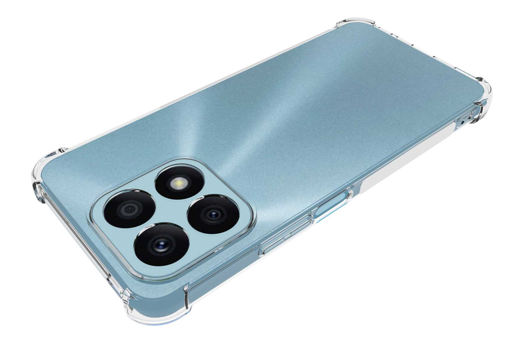 Ein Telefon in einer transparenten Hülle, von hinten betrachtet. Weißer Hintergrund.