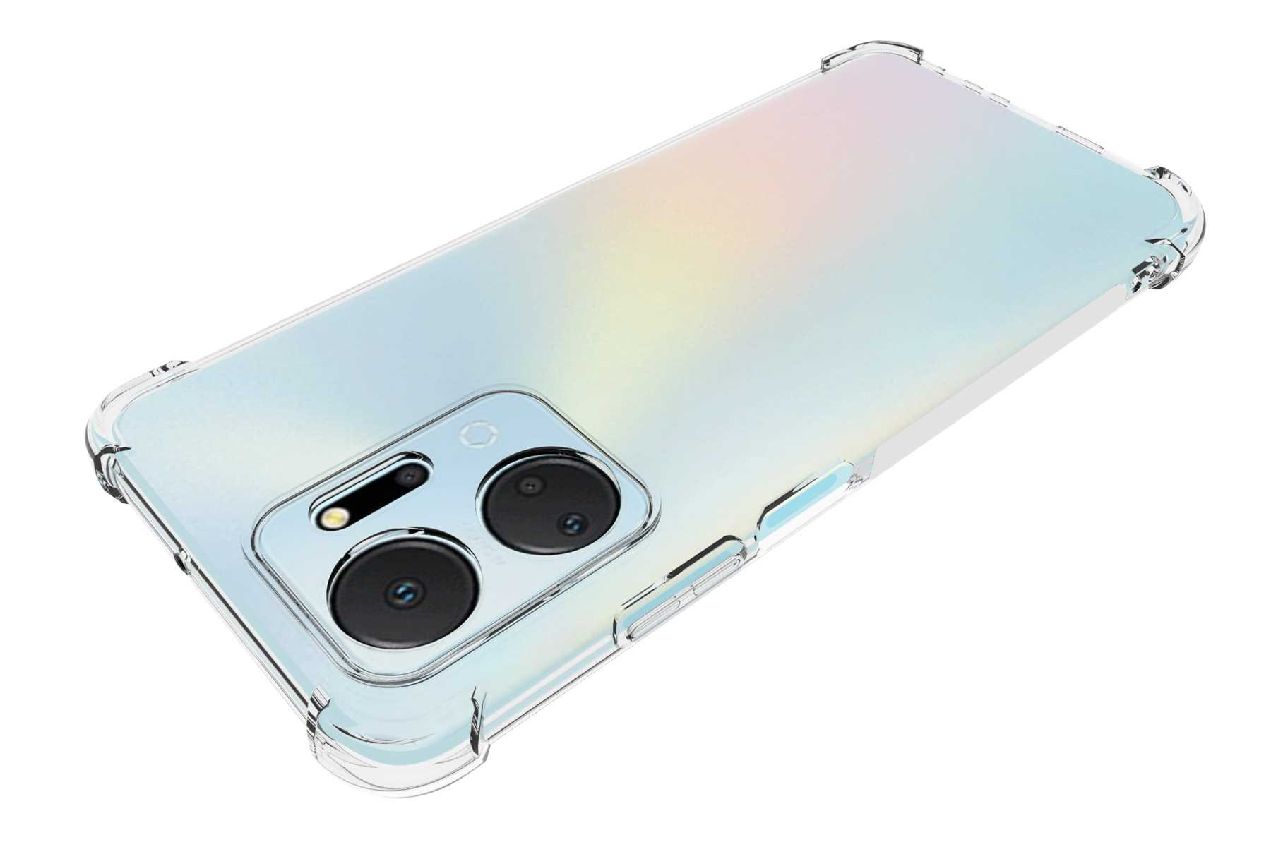 Eine transparente Handyhülle auf einem Telefon, schräge Ansicht. Es hat eine transparente Rückseite, mit Farbverlauf.