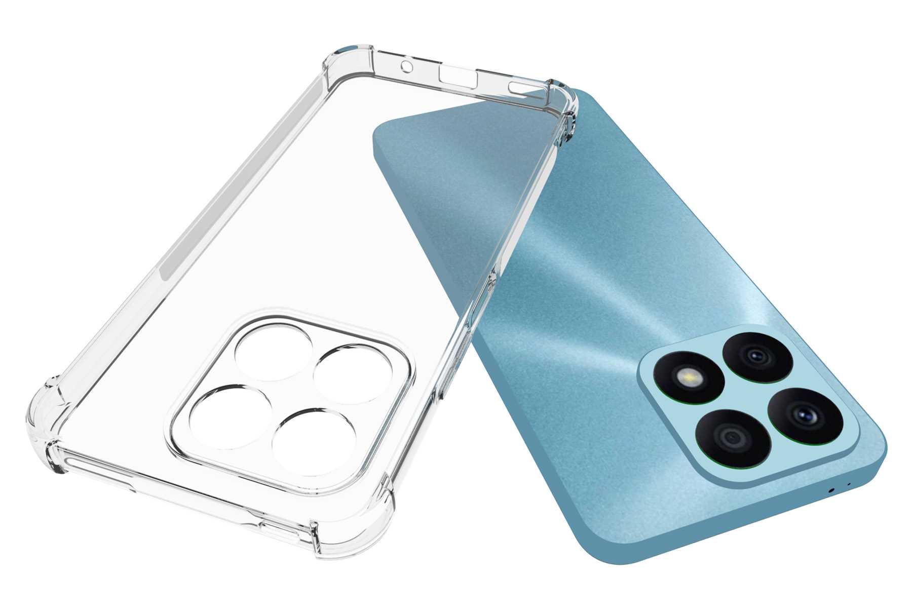 Ein Telefon mit klarer Hülle oben und ein blaues Telefon an der Seite.