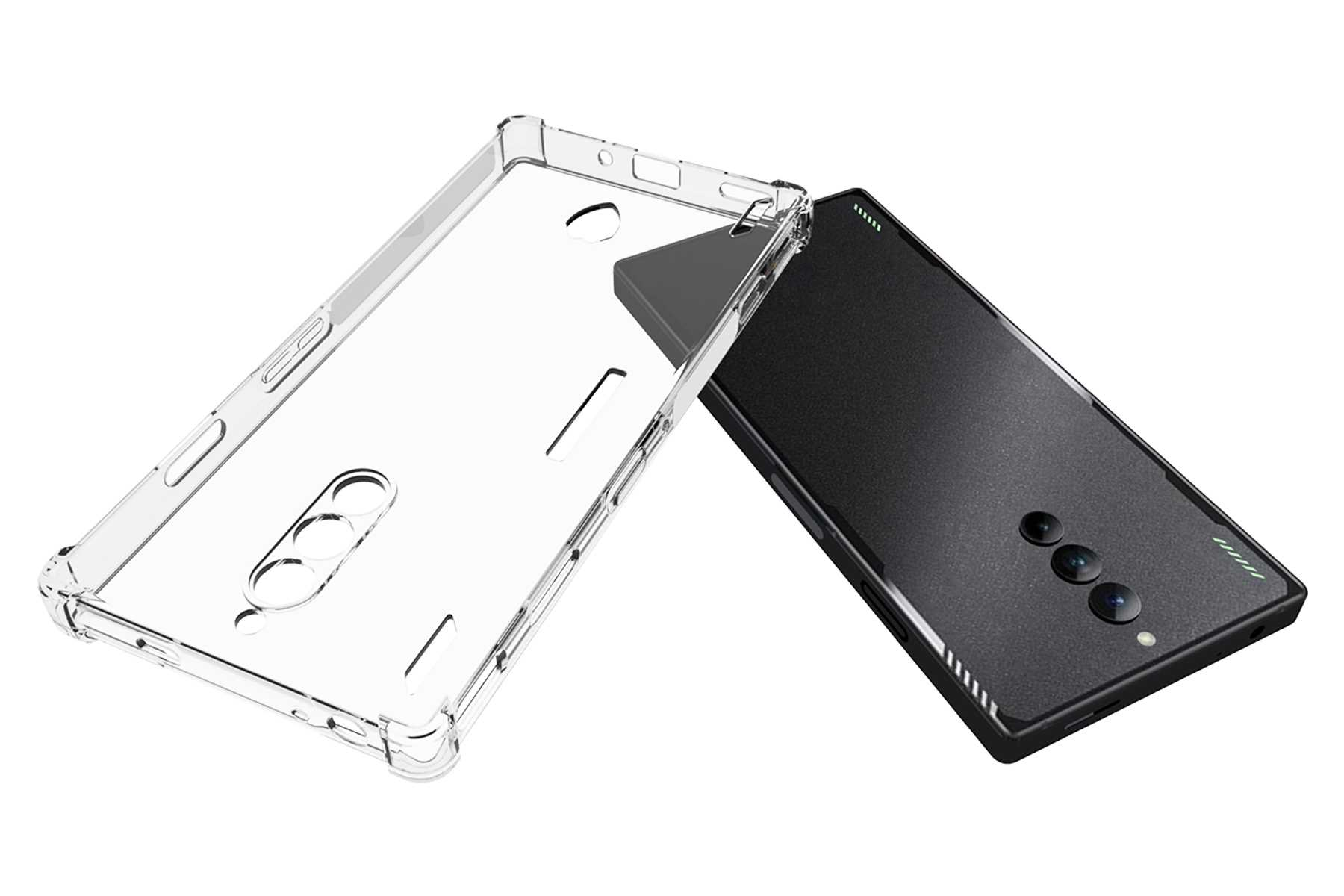 Transparente Handyhülle und ein schwarzes Telefon. Beide werden separat gezeigt.