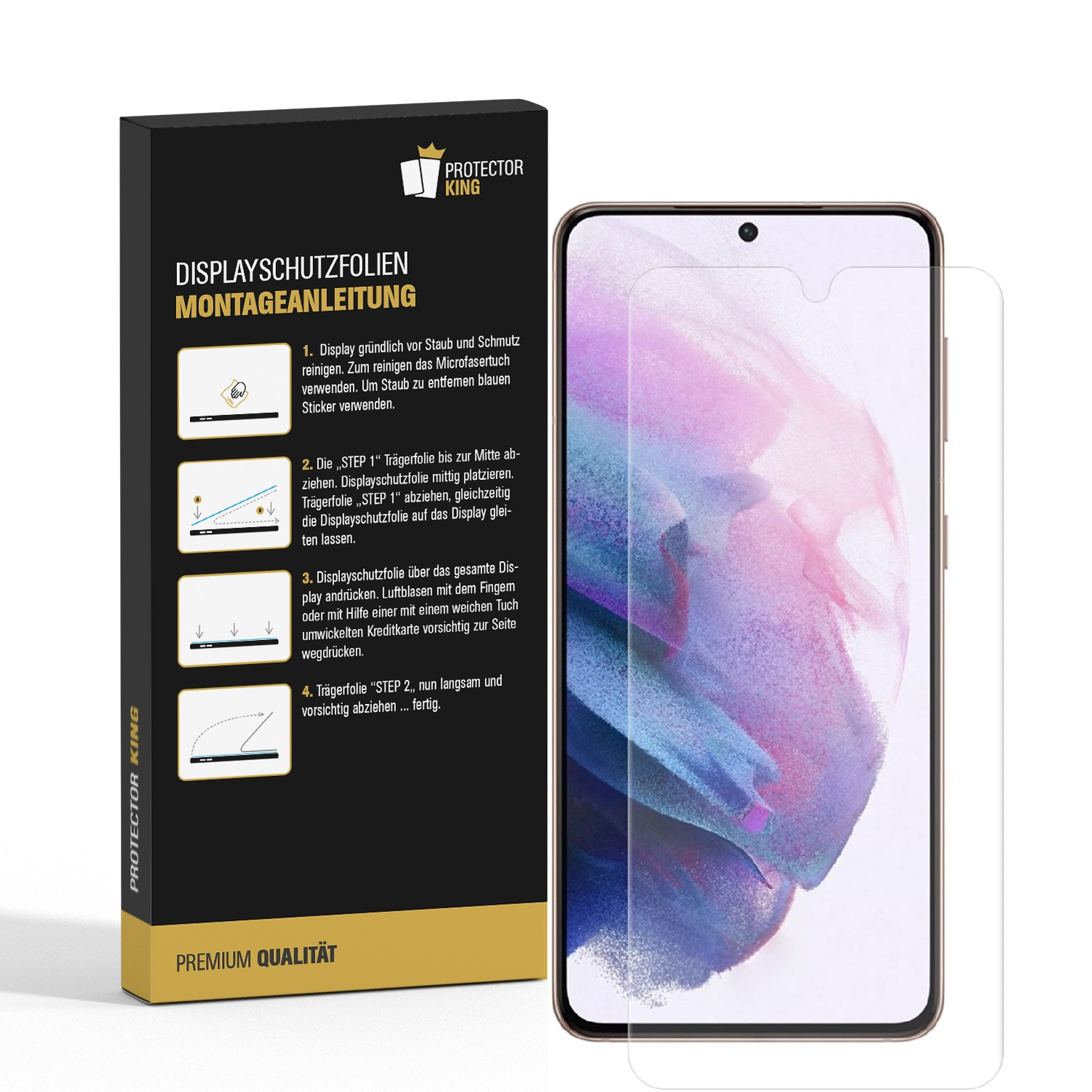 Handy-Displayschutzfolie und Anweisungen auf weißem Hintergrund.
