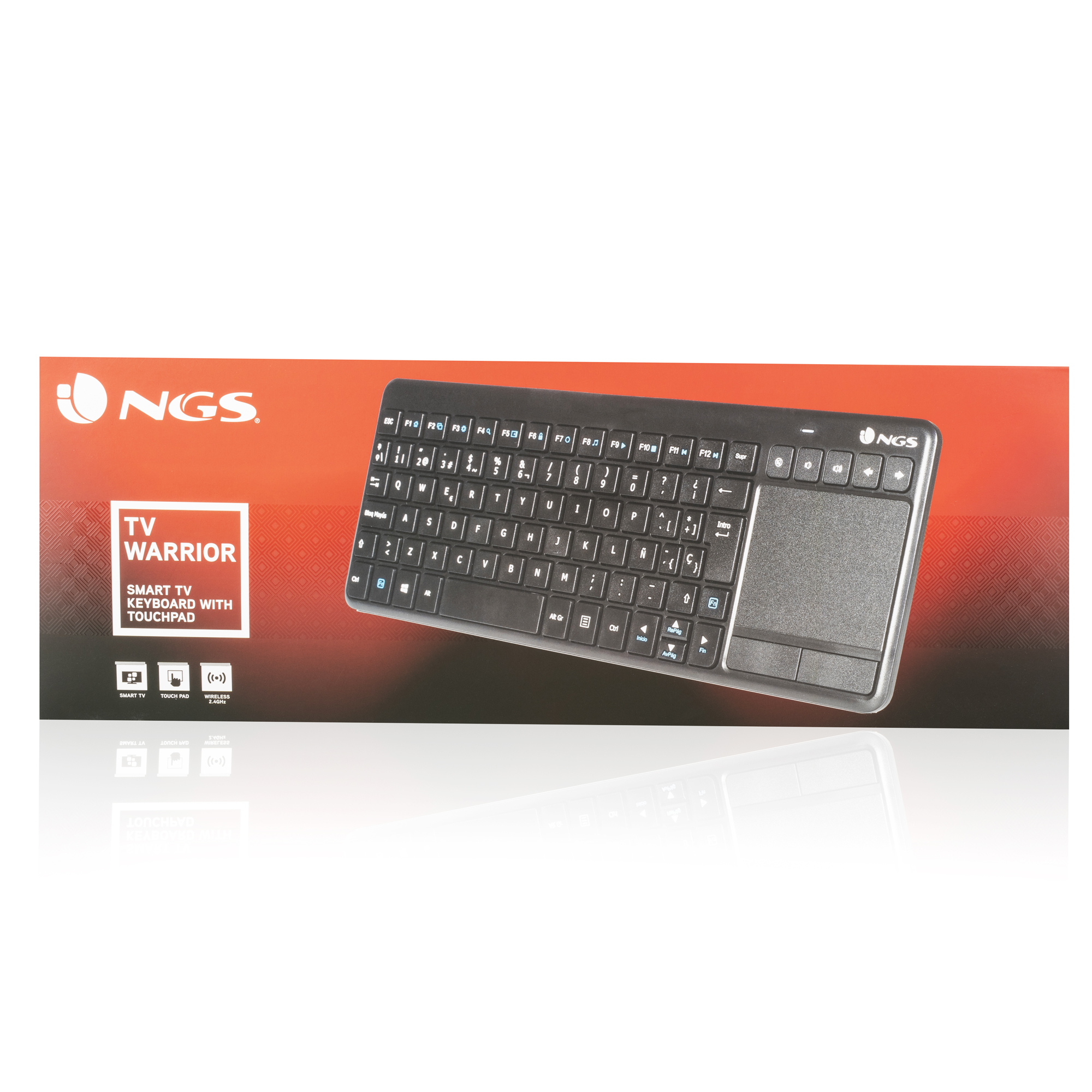Teclado negro con panel táctil, etiquetado "TV WARRIOR" en una caja roja y blanca. Fondo blanco.