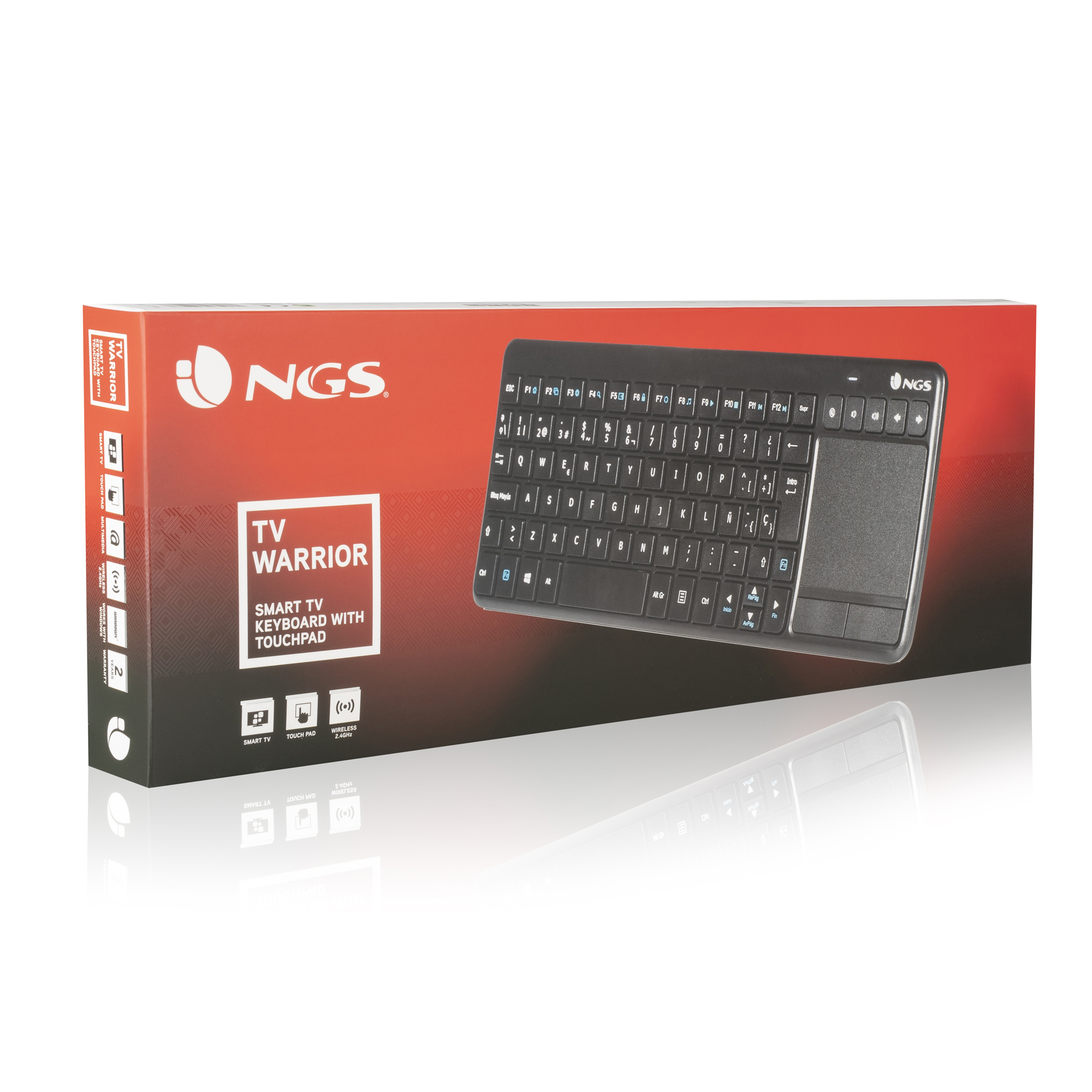 Teclado negro con panel táctil y caja roja. La caja tiene texto blanco.