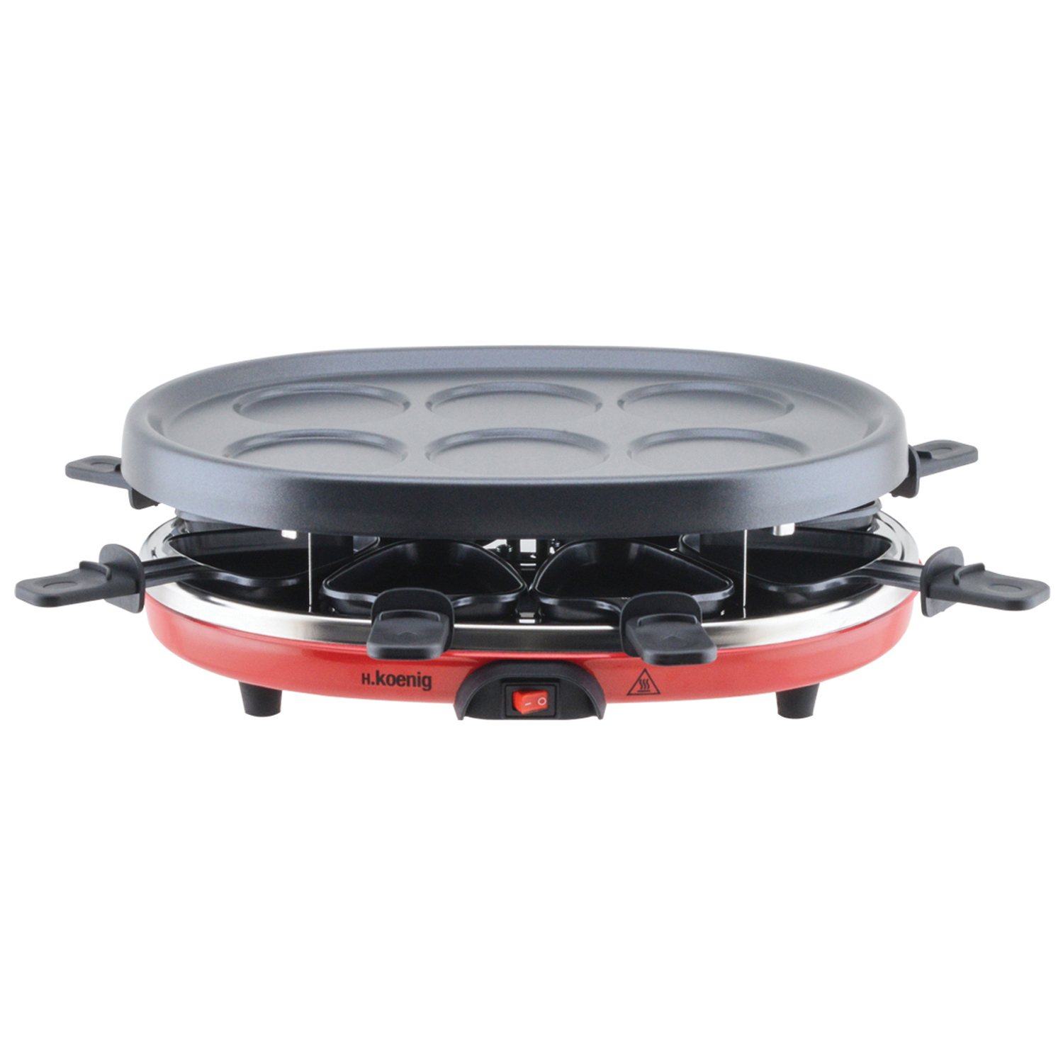 Czerwony i czarny grill do raclette z powierzchnią do gotowania i uchwytami na ser.