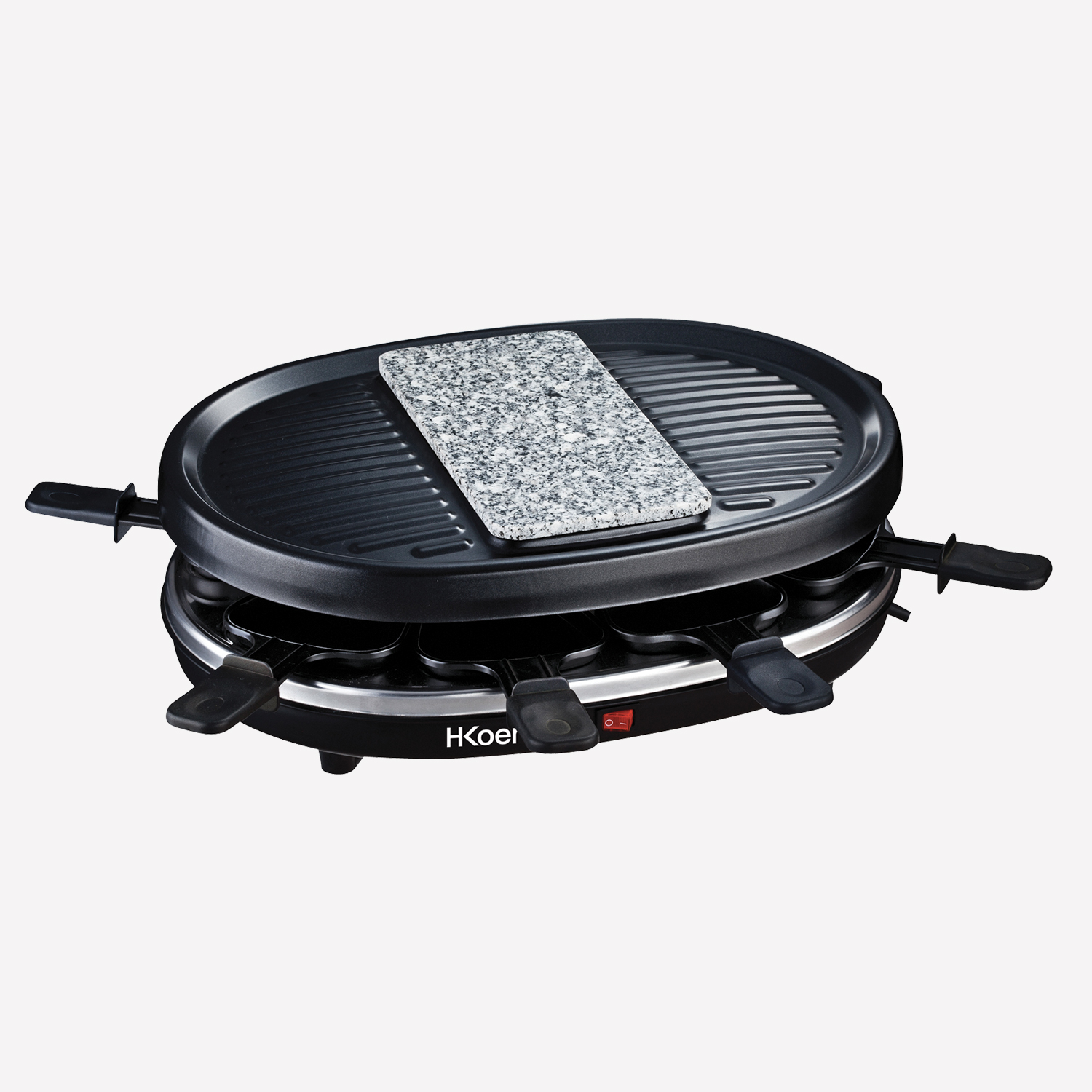 Grill per raclette con piano cottura in pietra, padella nera e manici in legno.