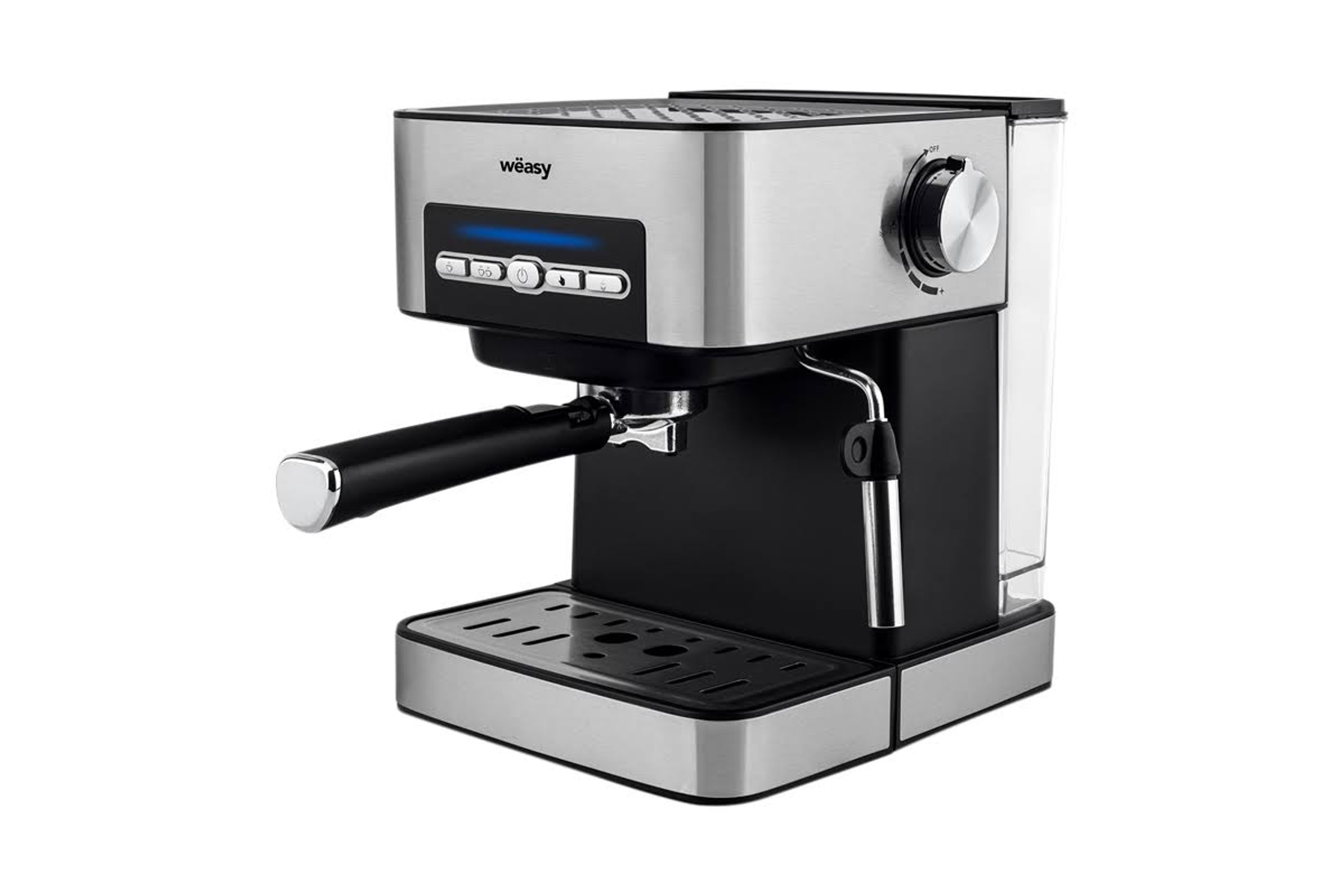 Silber-schwarze Kaffeemaschine. Hat einen Griff und einen Wasserbehälter. Weißer Hintergrund.
