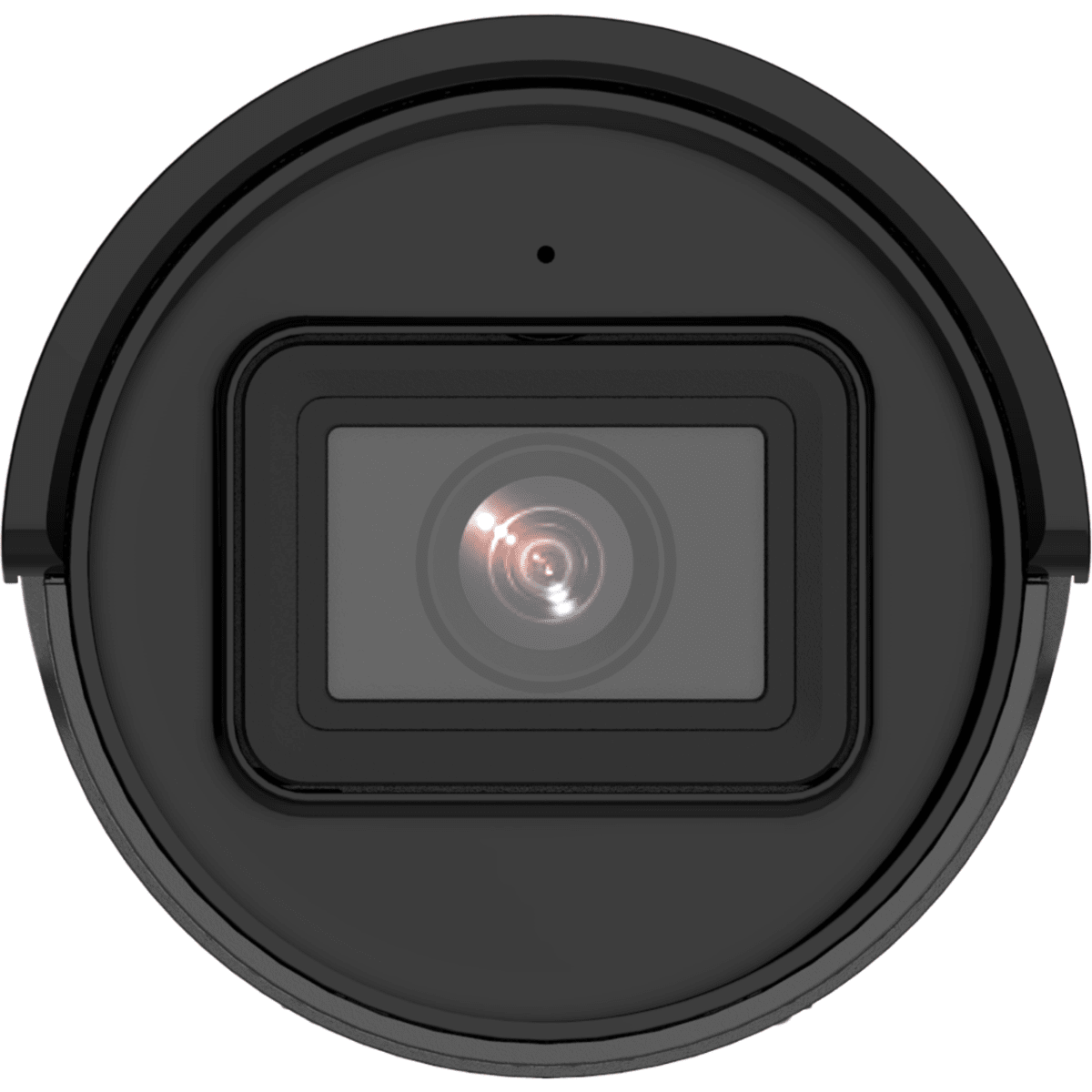 Una telecamera di sicurezza nera con un obiettivo e uno sfondo scuro.