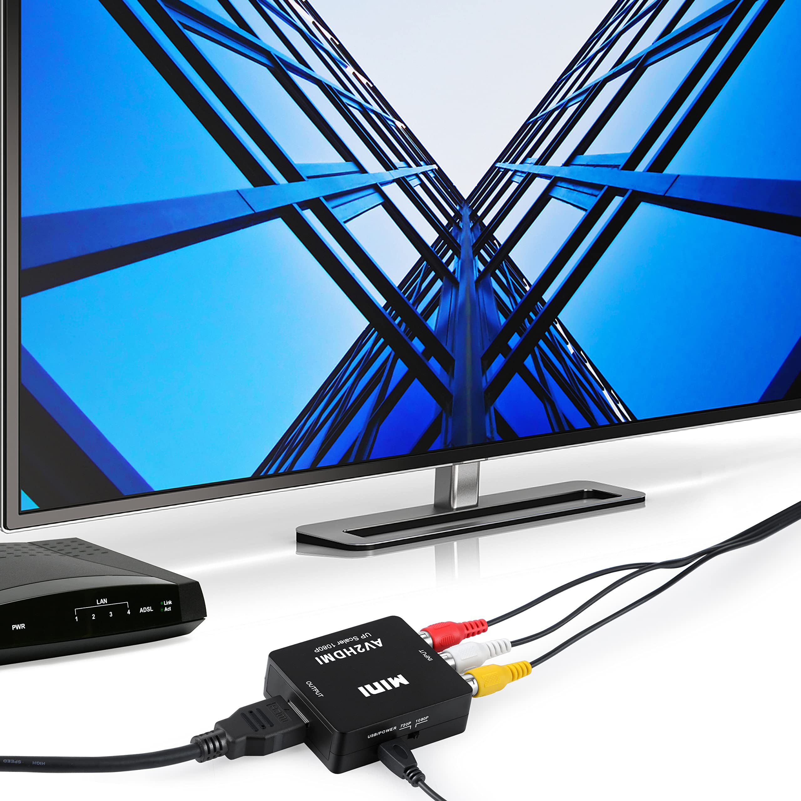Fernseher mit HDMI-Kabel an Konverterbox, Cinch-Kabel verbunden.