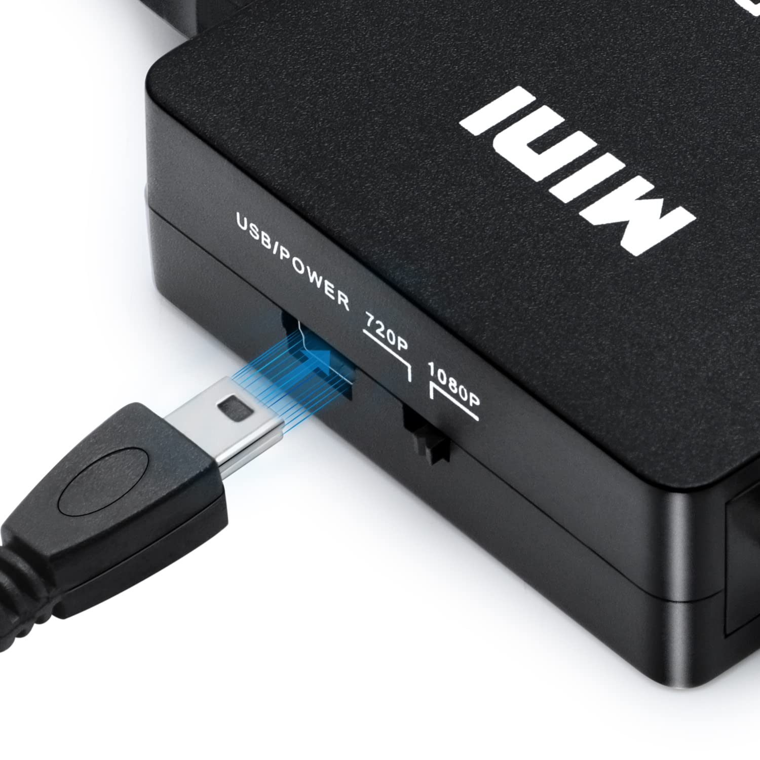 Schwarzer USB/POWER-Adapter mit eingestecktem USB-Kabel. 720P- und 1080P-Anzeigen sind sichtbar.
