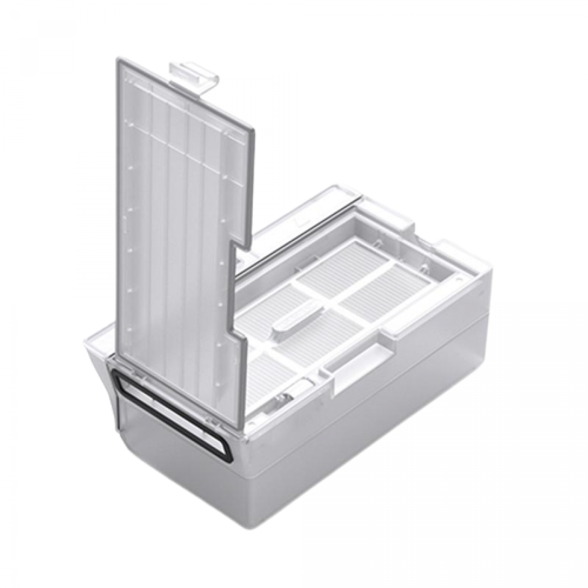 Biały filtr do odkurzacza z otwartą pokrywą.