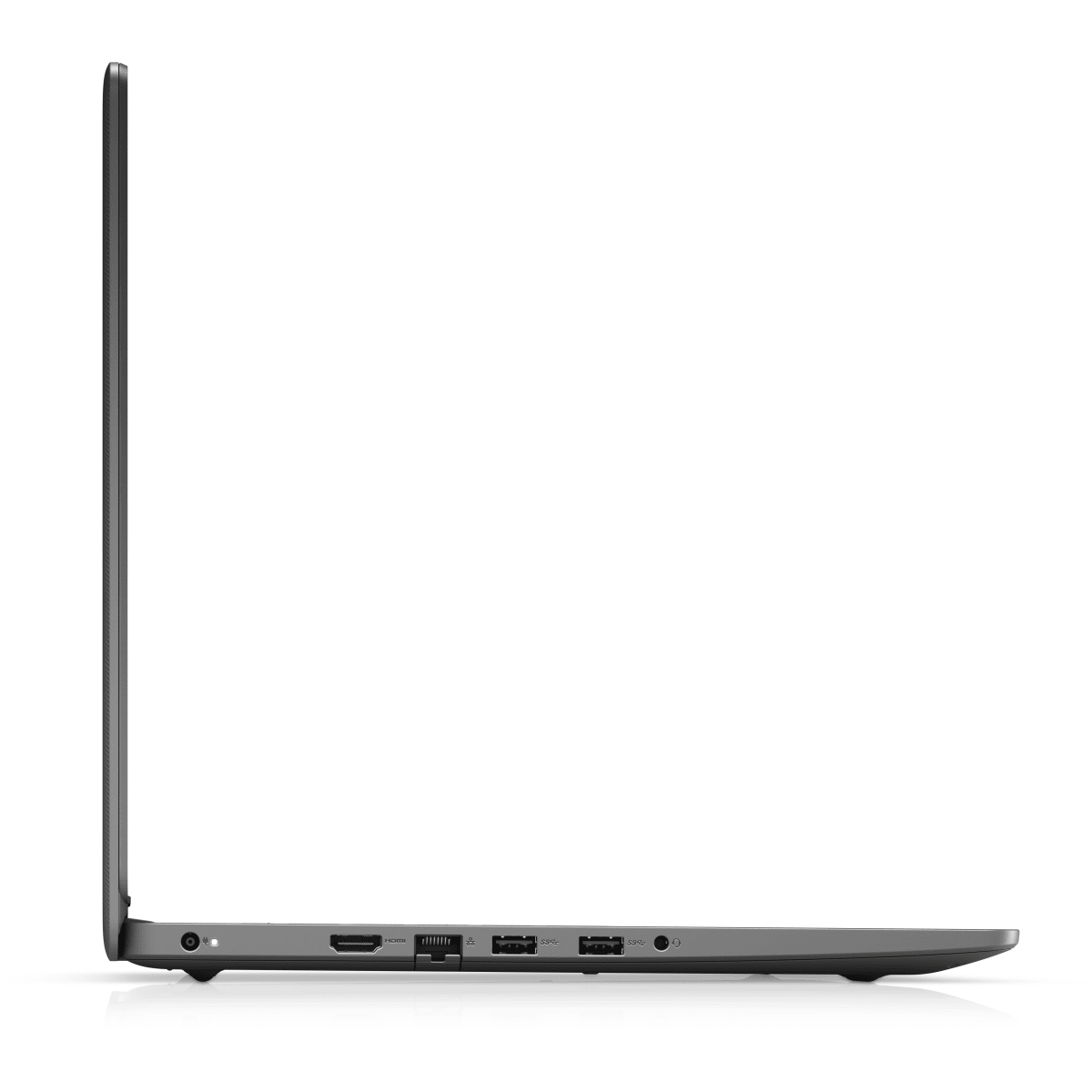 Vista laterale di un laptop, grigio scuro, con porte, su sfondo bianco.