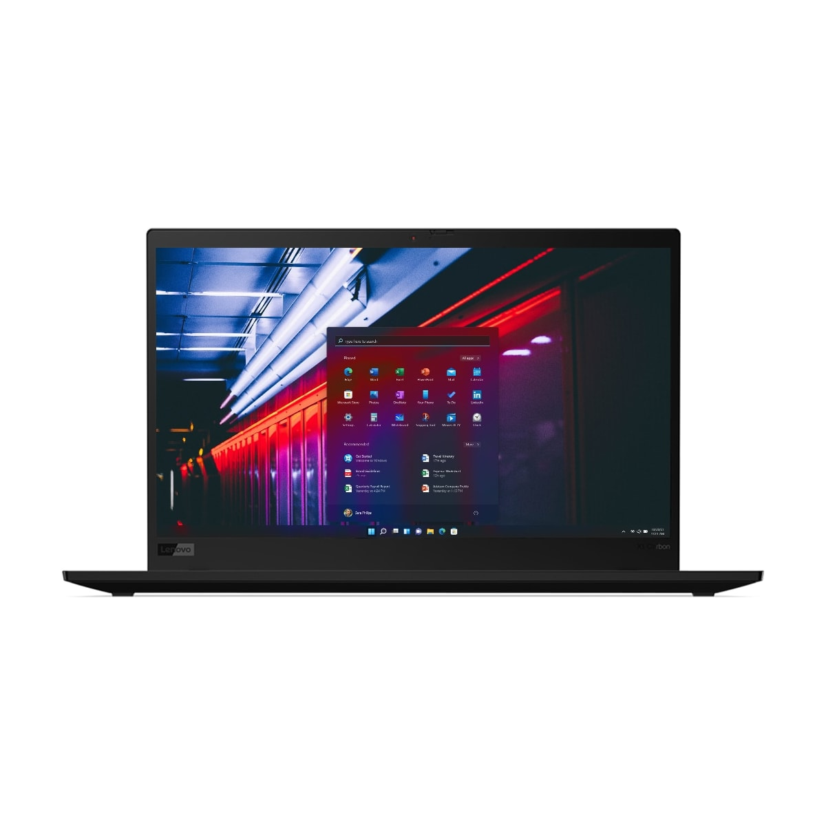 Ein schwarzer Laptop auf schwarzer Oberfläche. Der Bildschirm zeigt eine Oberfläche mit farbigen Symbolen.