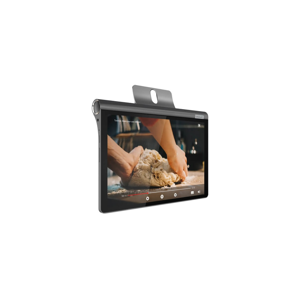 Ein Tablet zeigt ein Kochvideo mit Händen, die Teig kneten. Das Tablet hat einen Ständer und einen silbernen Rahmen.