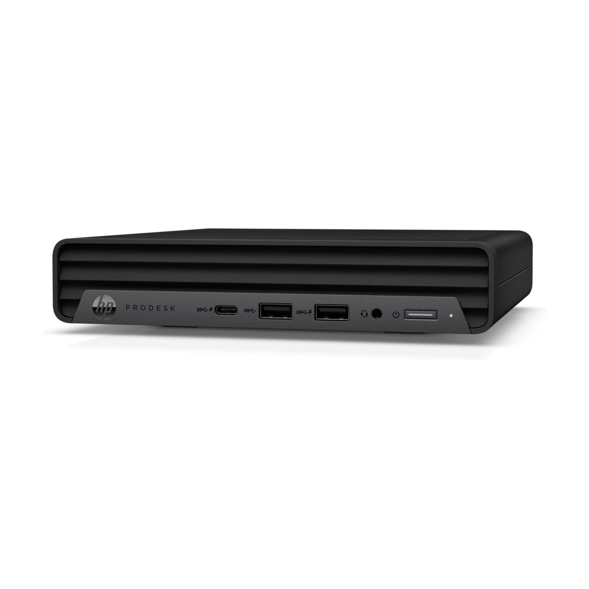 Un ordenador HP ProDesk negro. Tiene puertos USB y un botón de encendido en la parte frontal.