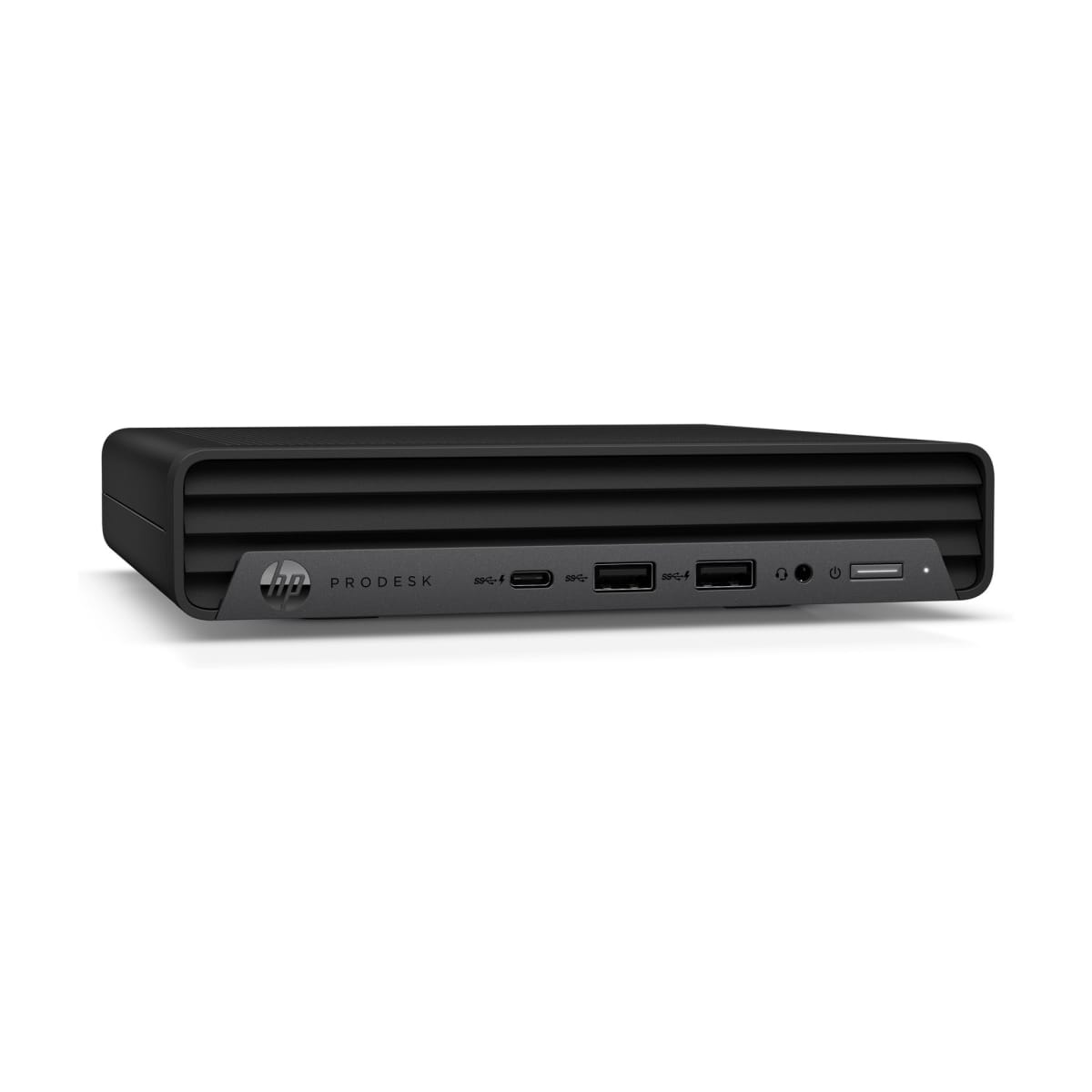 Una computadora HP ProDesk negra, que muestra el panel frontal con puertos y el botón de encendido.
