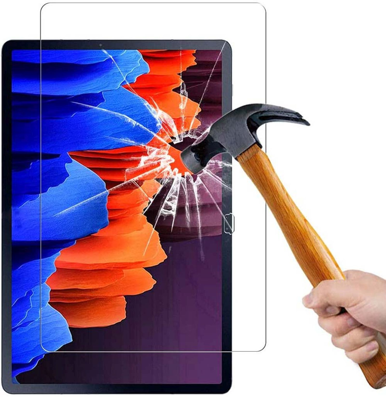 Pellicola protettiva per tablet colpita con un martello. Lo schermo si sta rompendo.