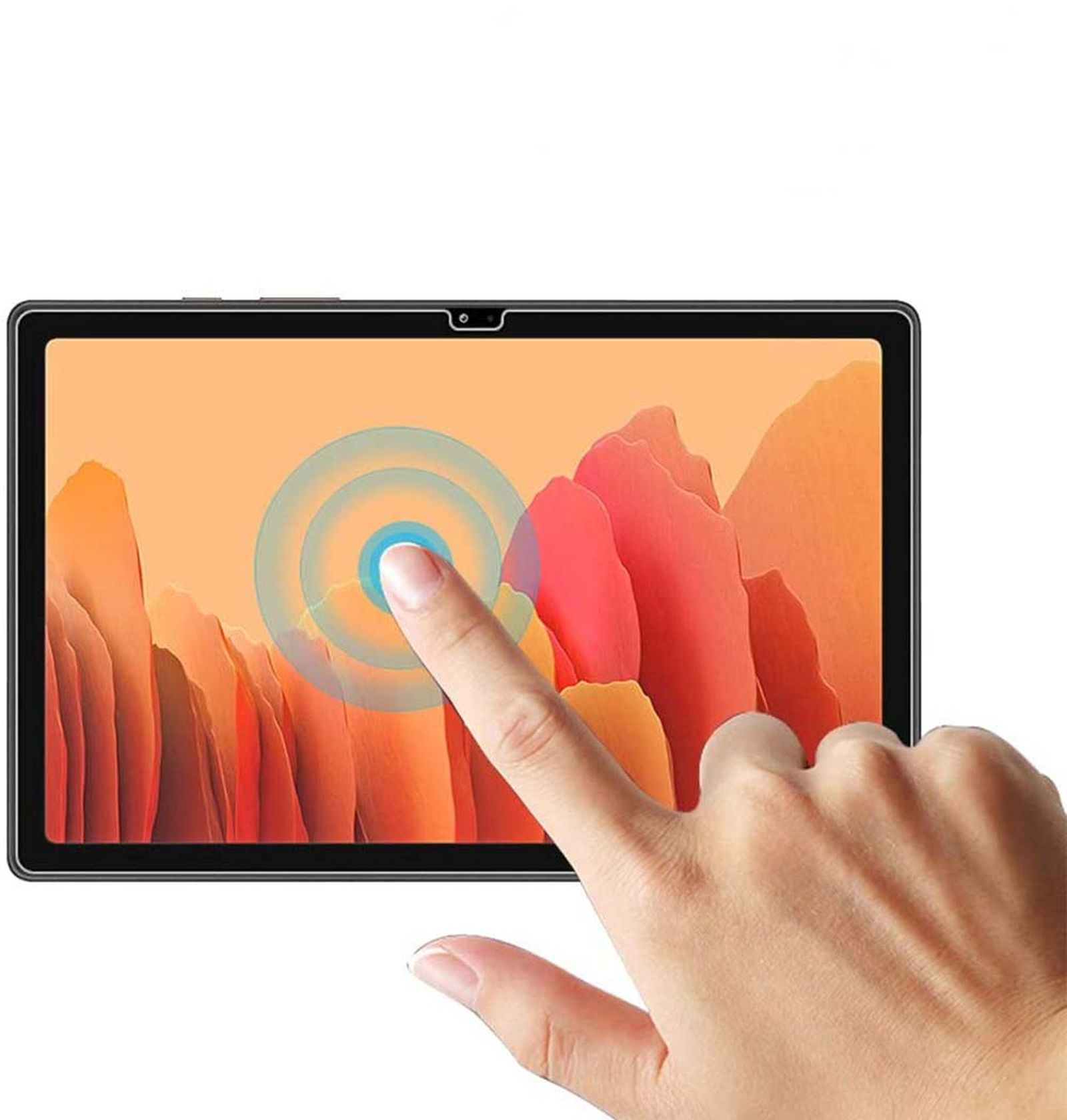 Una mano tocca lo schermo del tablet. Lo schermo mostra uno sfondo colorato con punto di contatto.