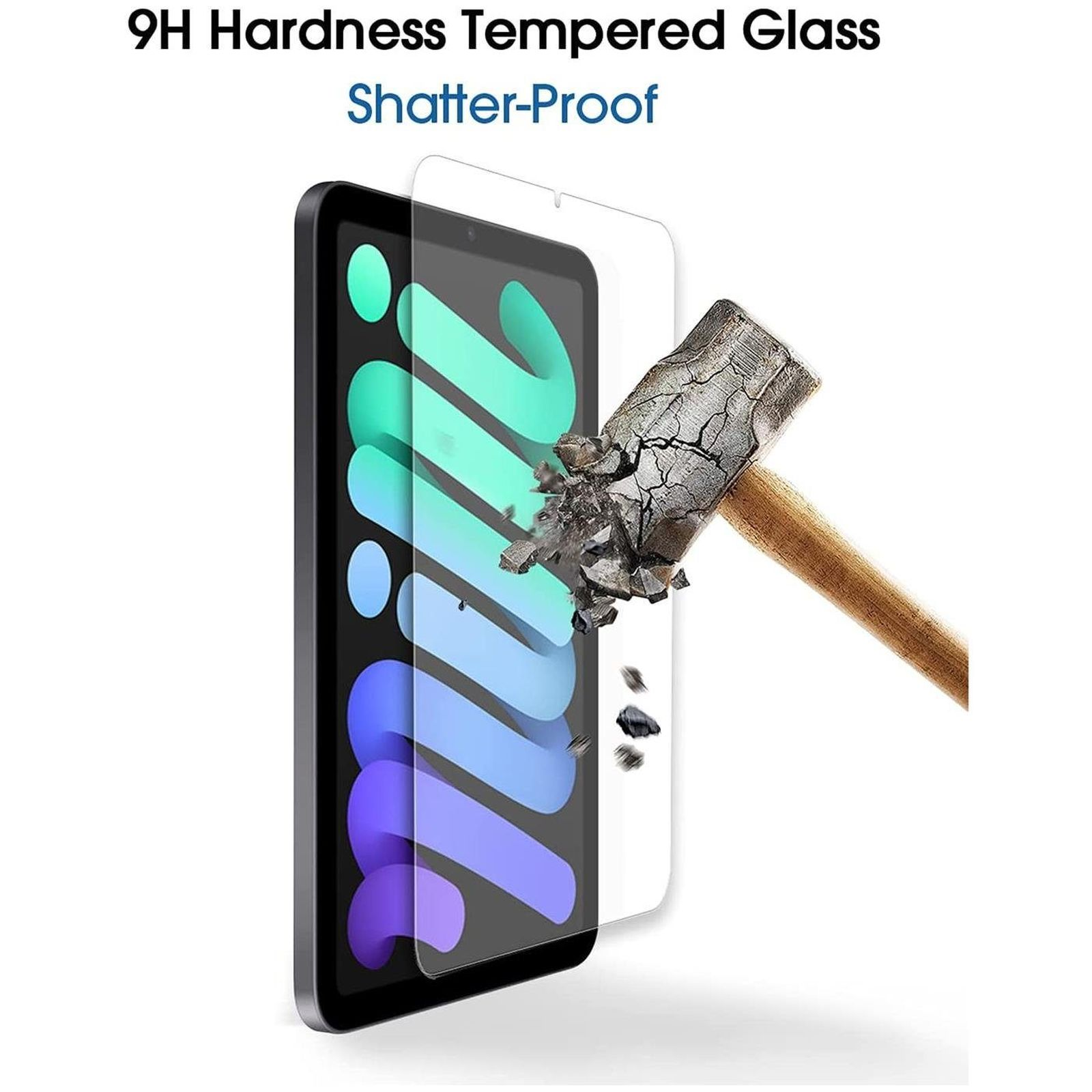 Ein Hammer zerschlägt eine Glas-Displayschutzfolie auf einem Tablet und zeigt die bruchsichere Funktion.