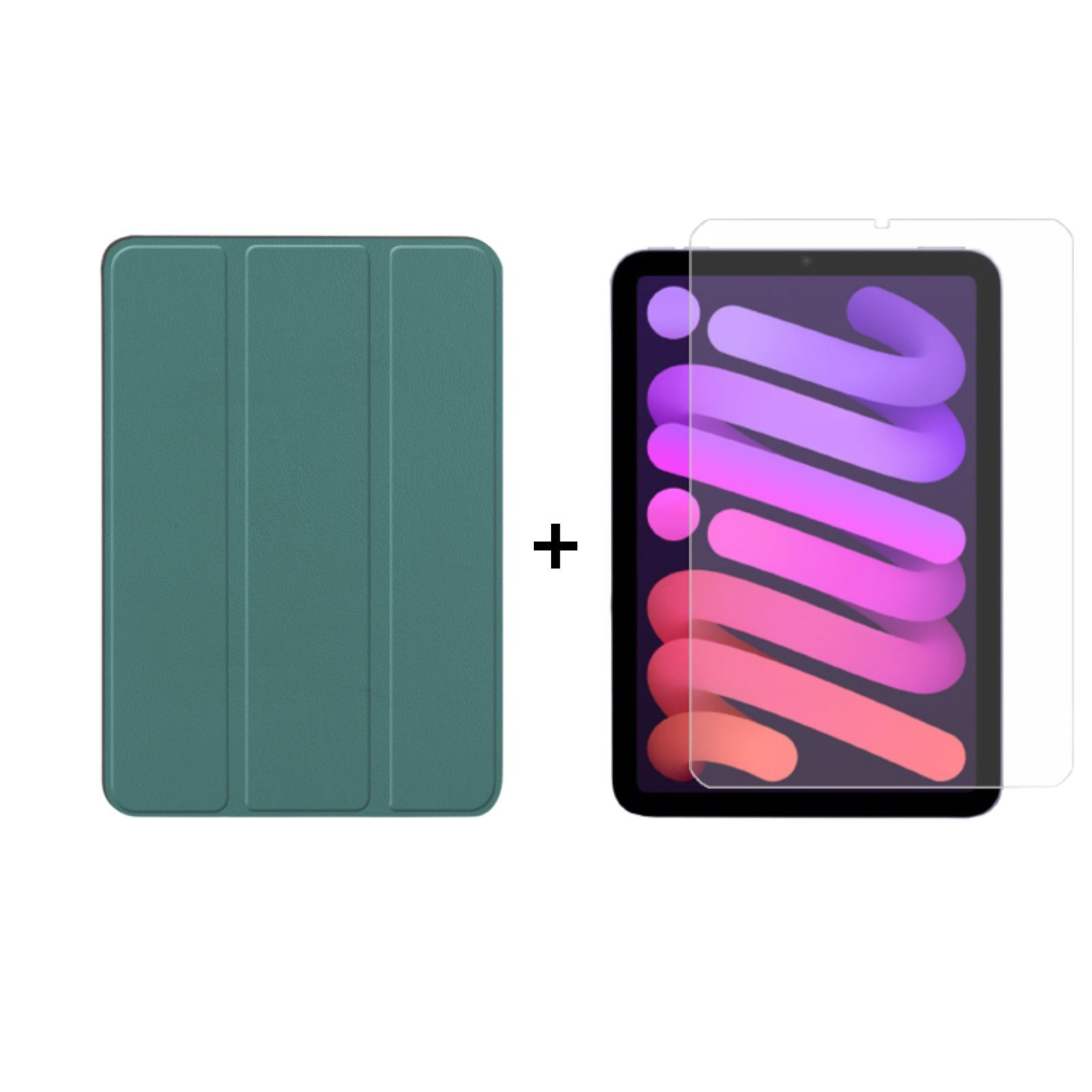 Tablet und Hülle-Set. Türkise Hülle gefaltet, Tablet mit Displayschutz. Weißer Hintergrund.